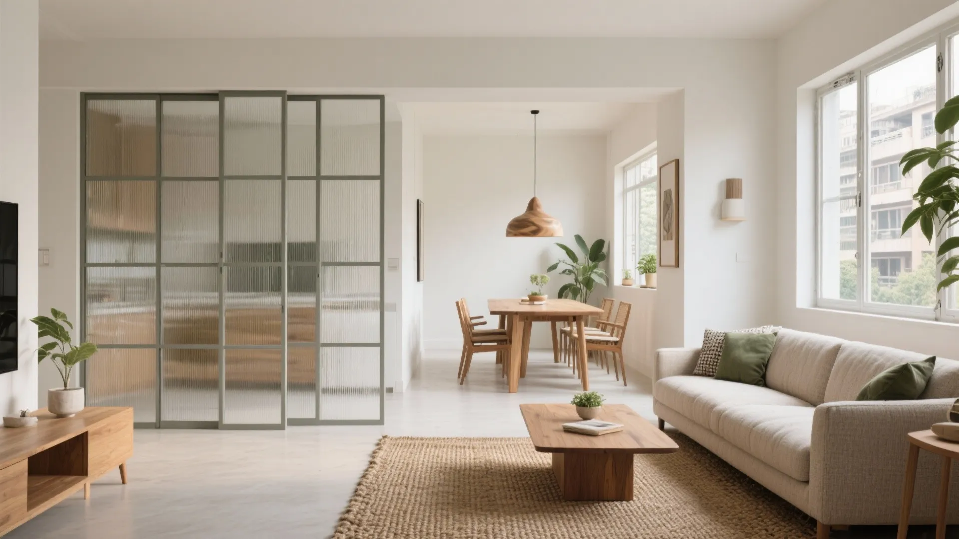 Open-plan living-dining with a sliding partition