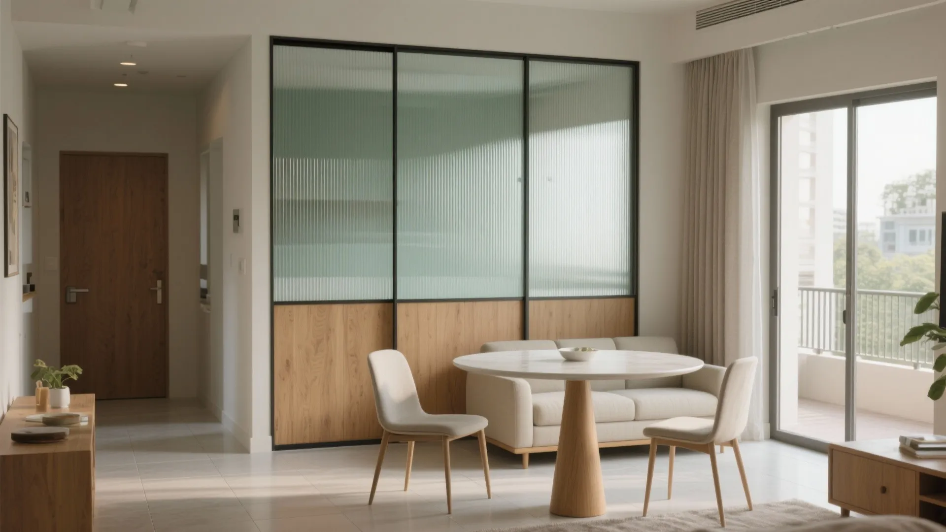 Open-plan living-dining with sliding partitions