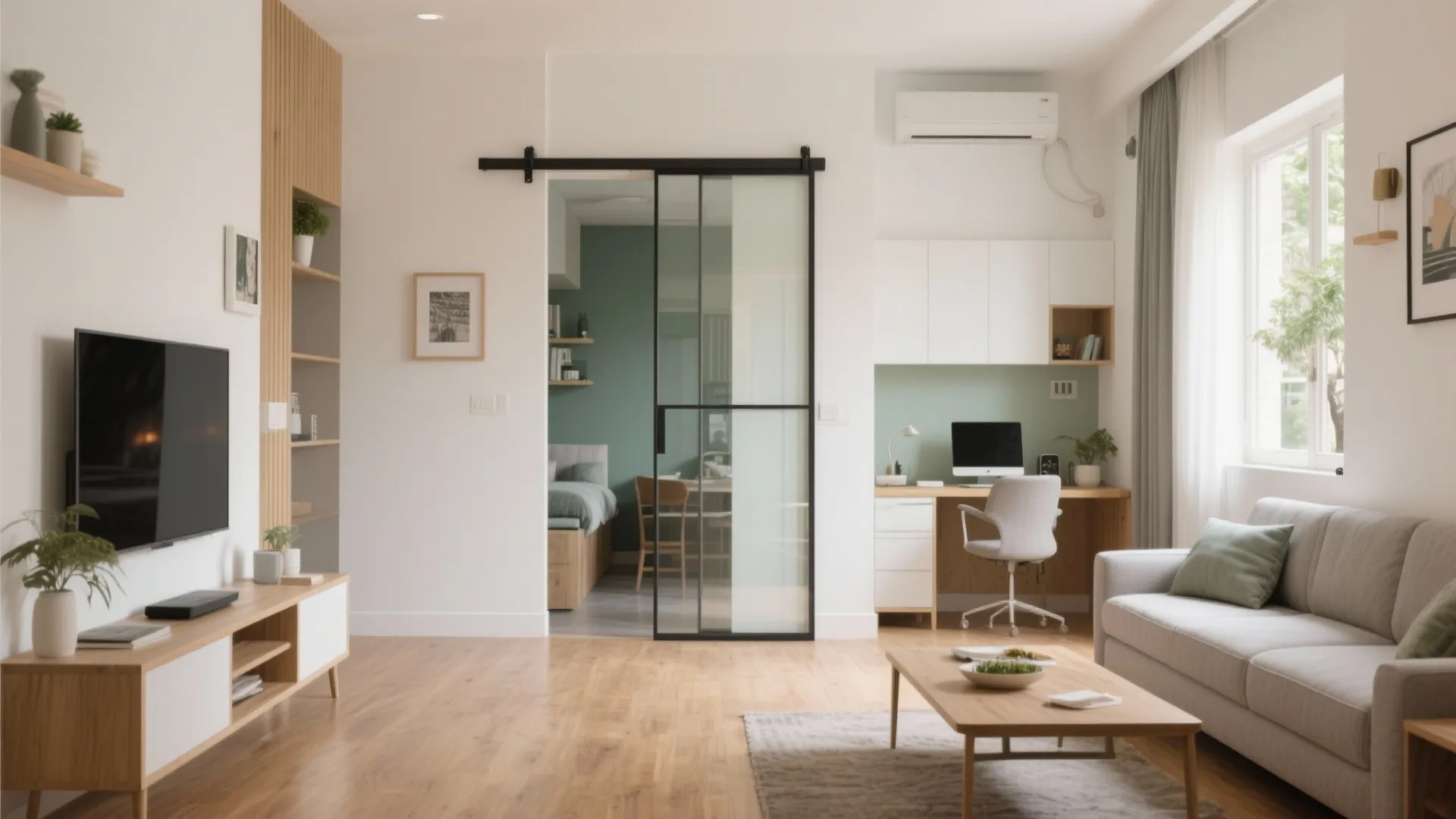 1) Open-plan living with sliding partitions
