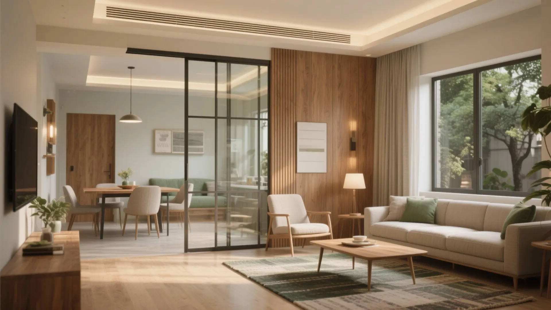 Open-plan living with sliding partitions