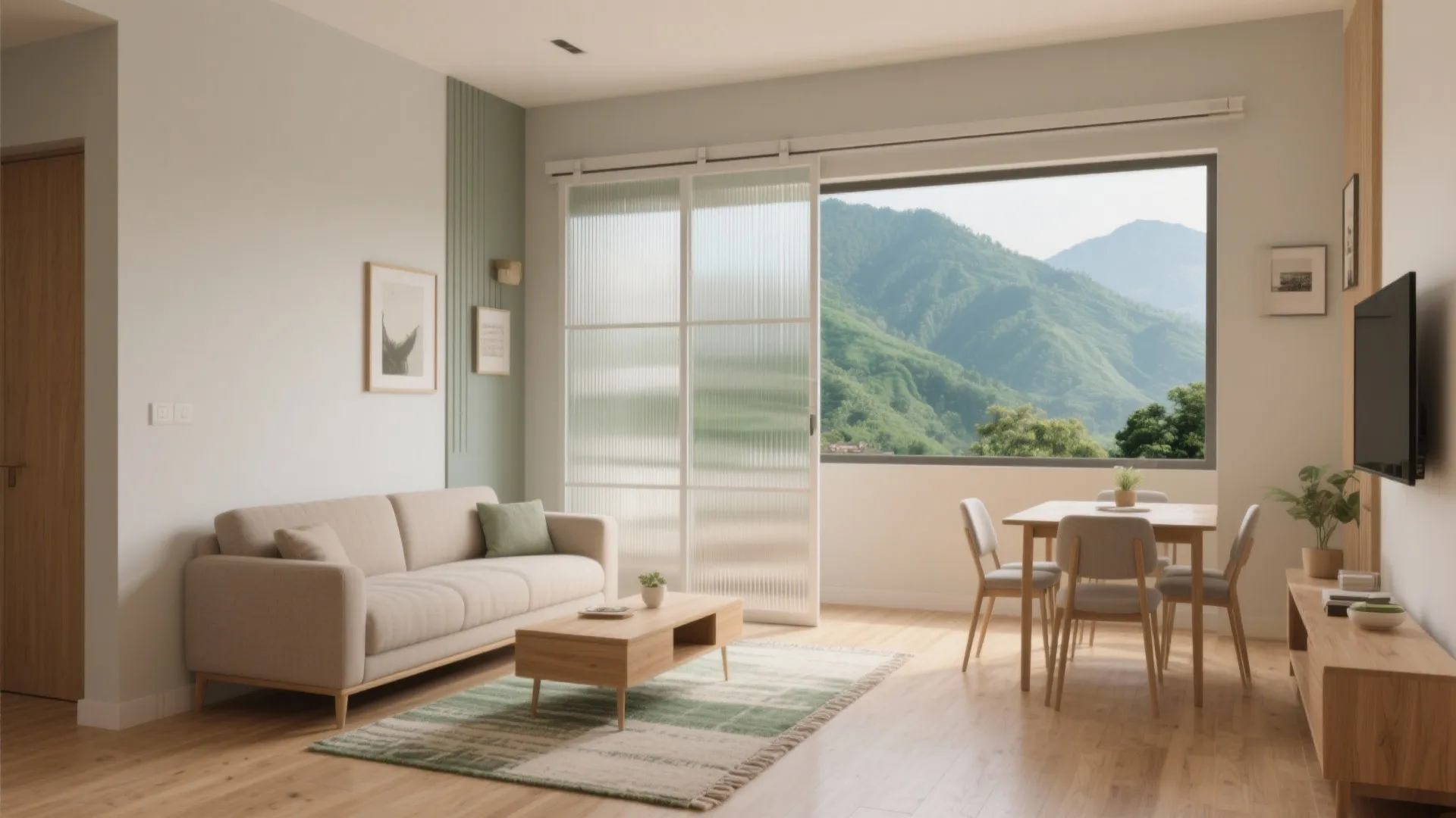 1) Open-plan living-dining with a flexible partition