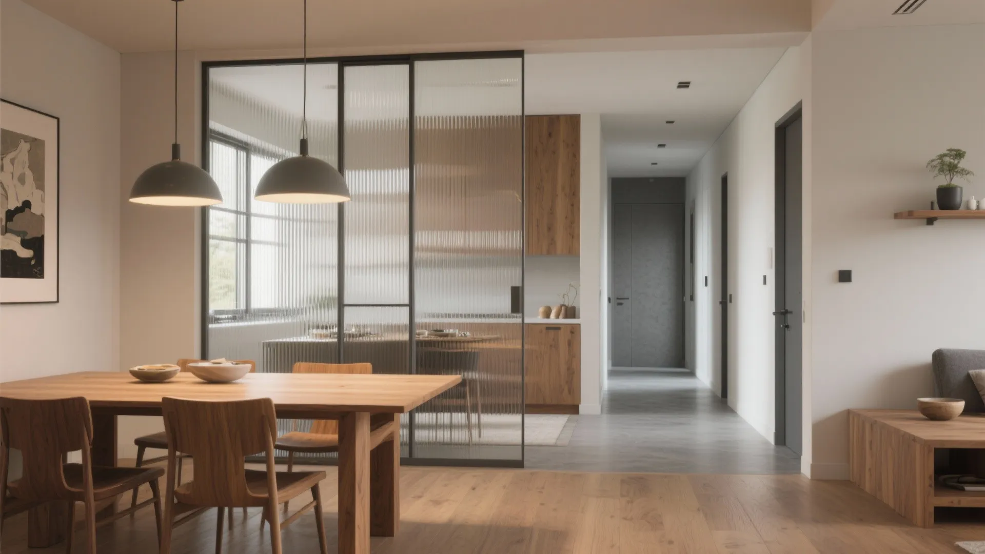 Modern wooden dining table with chairs under ceiling lights next to a glass room partition