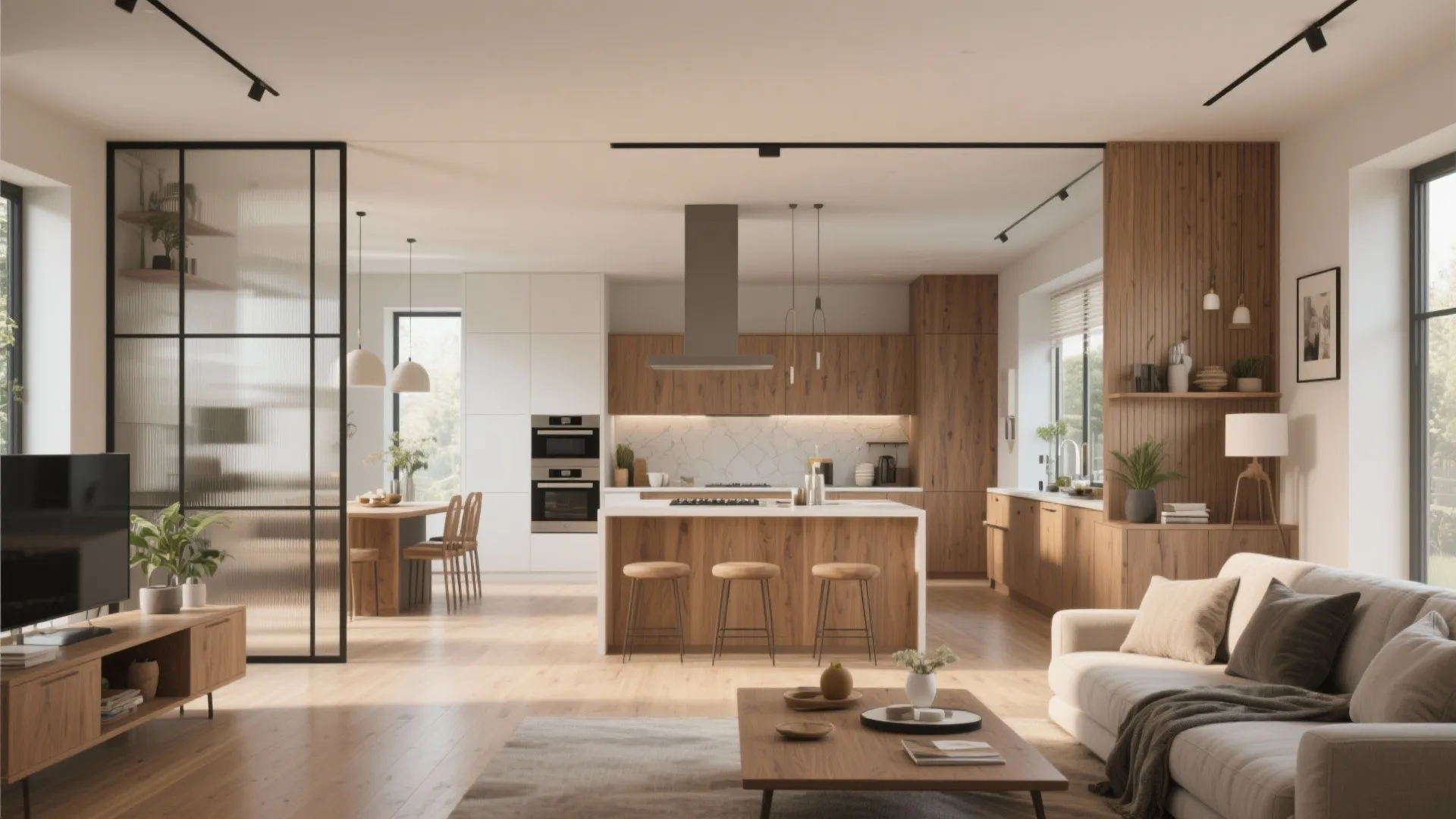 Spacious open plan living area with wood kitchen island sofa dining table and glass partition