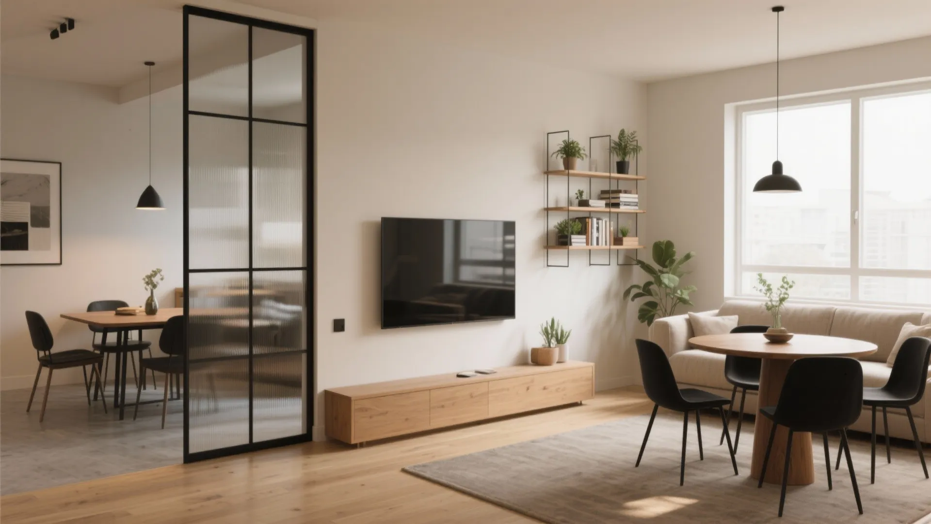 Modern living room with glass partition wooden cabinet television and small round black dining chairs