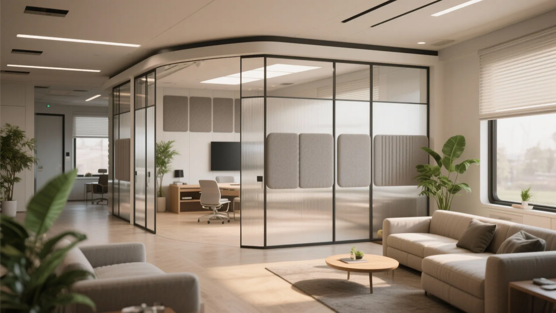 Modern office with glass wall partitions separating a living area sofa from a working space