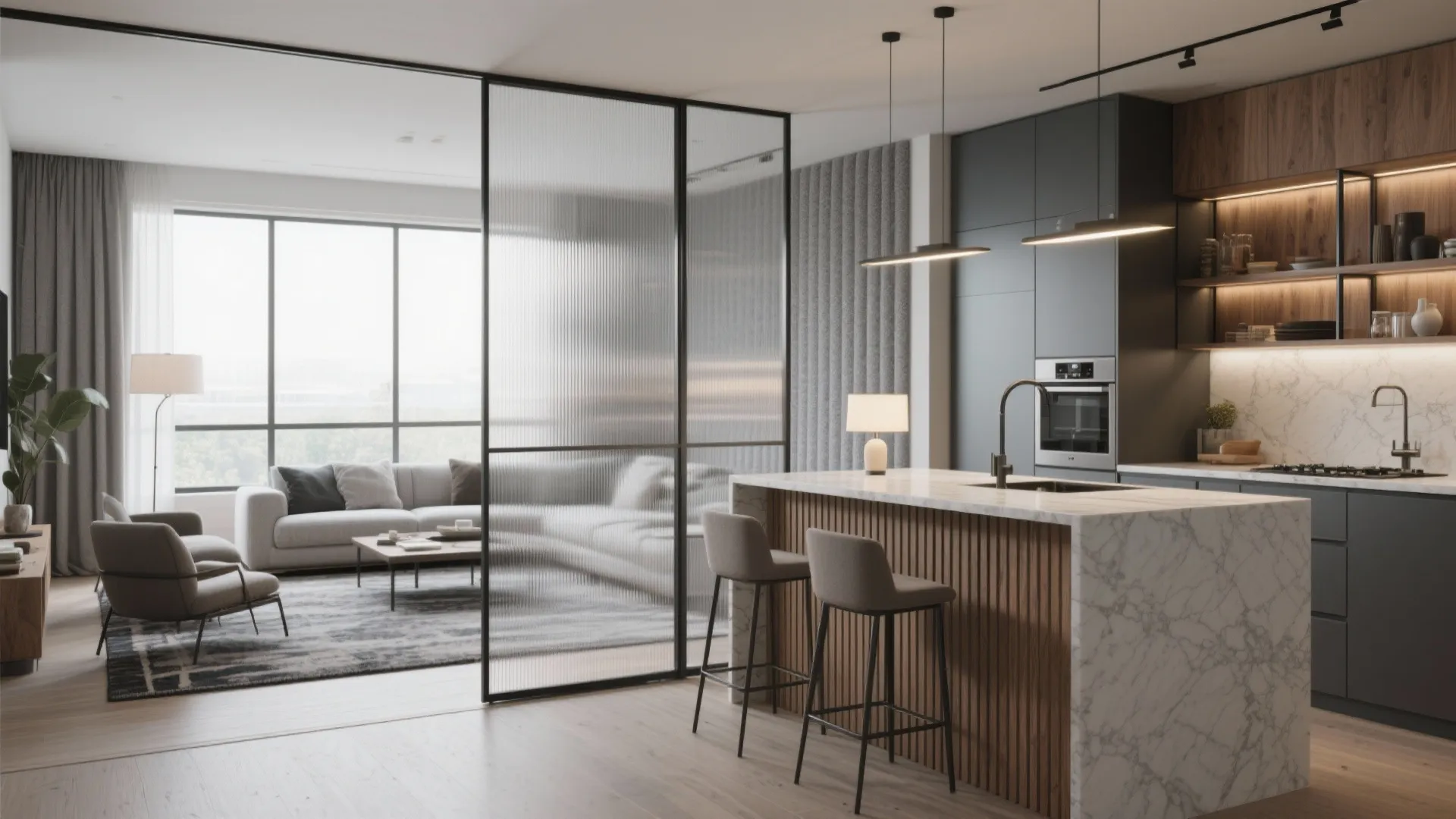 Modern open-plan kitchen and living room separated by a black frame glass wall room divider