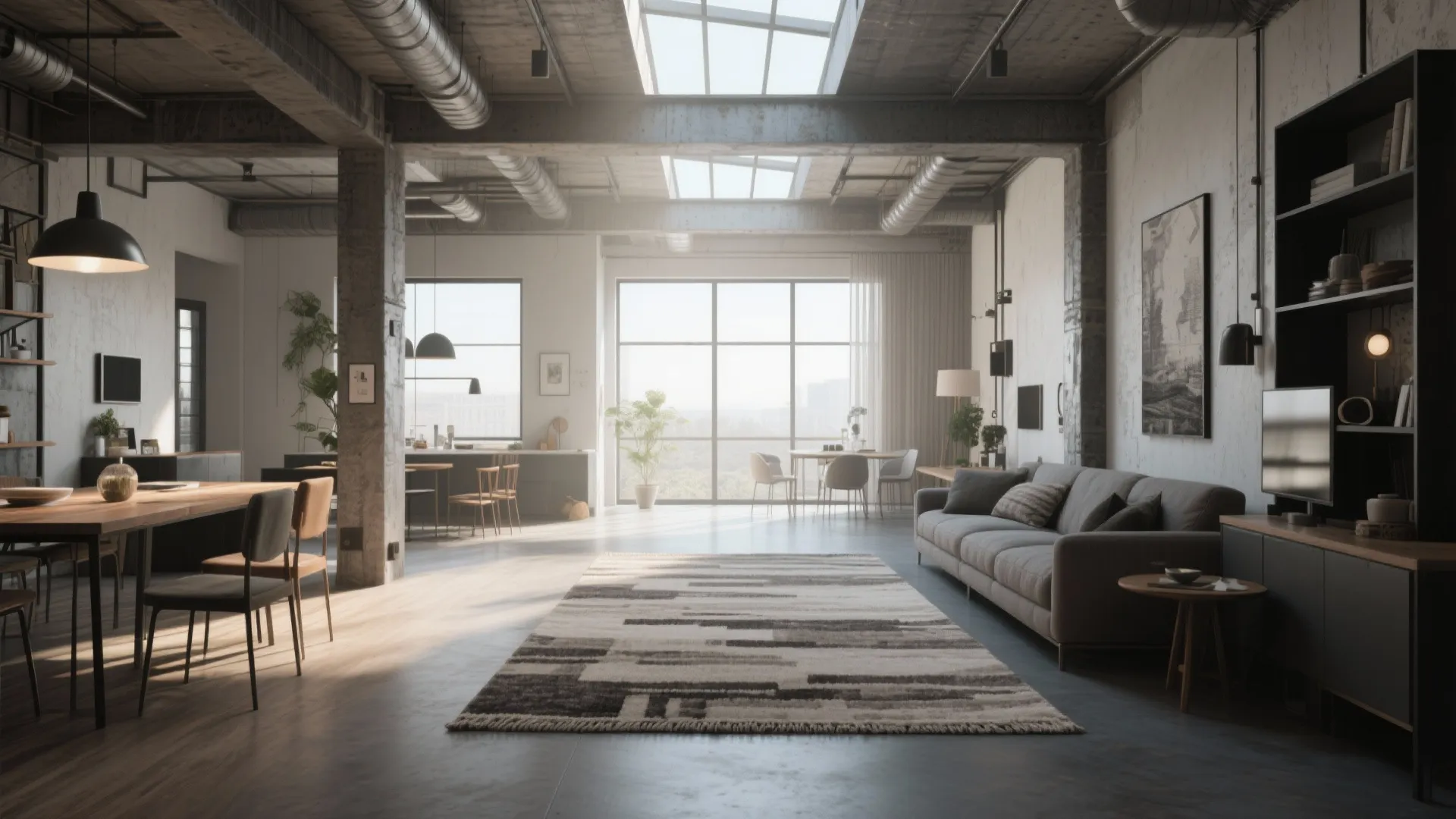 Modern industrial living room with grey sofa large windows ceiling light and a striped rug