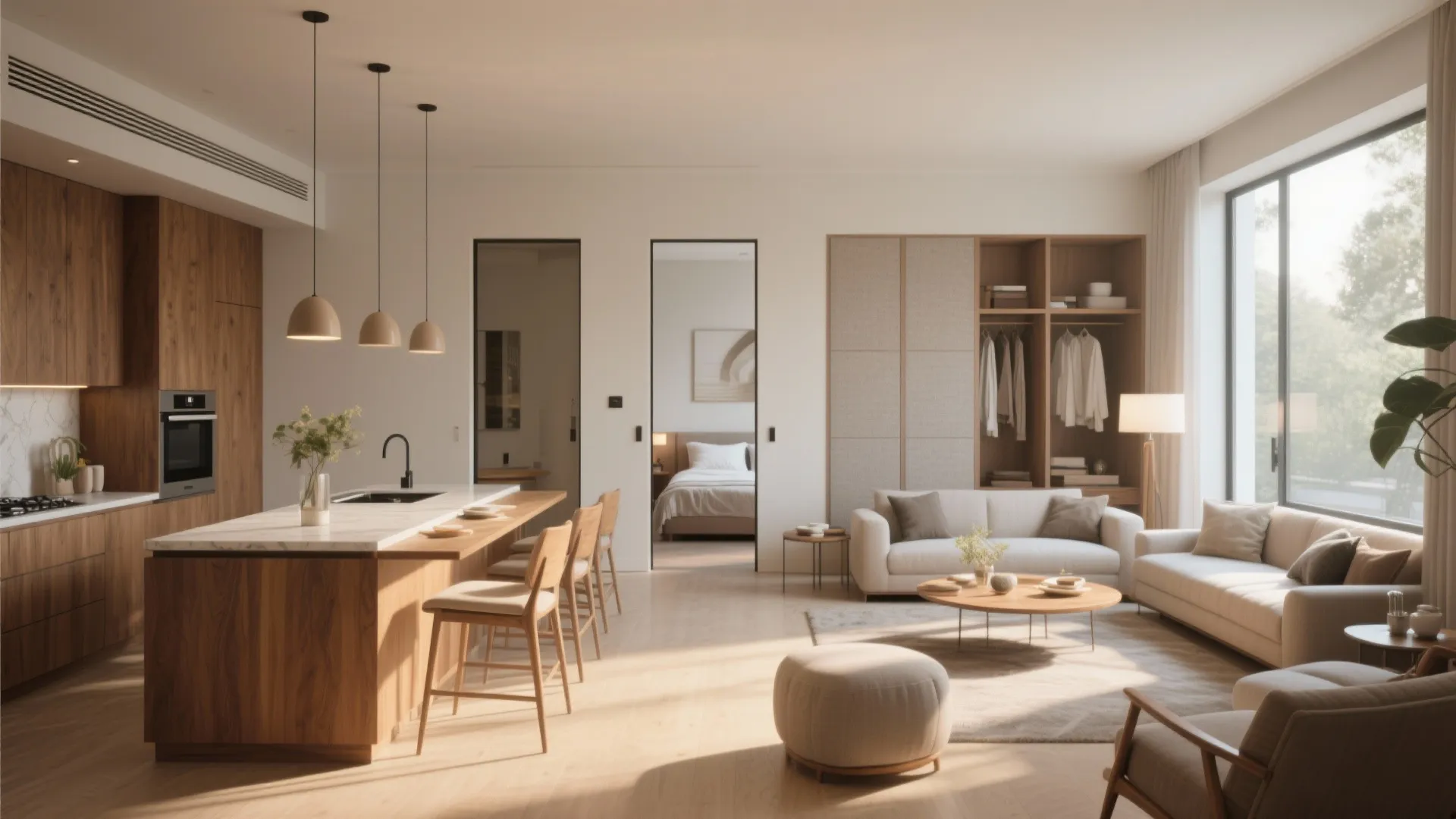 2. Open-plan living with pocketed bedroom doors