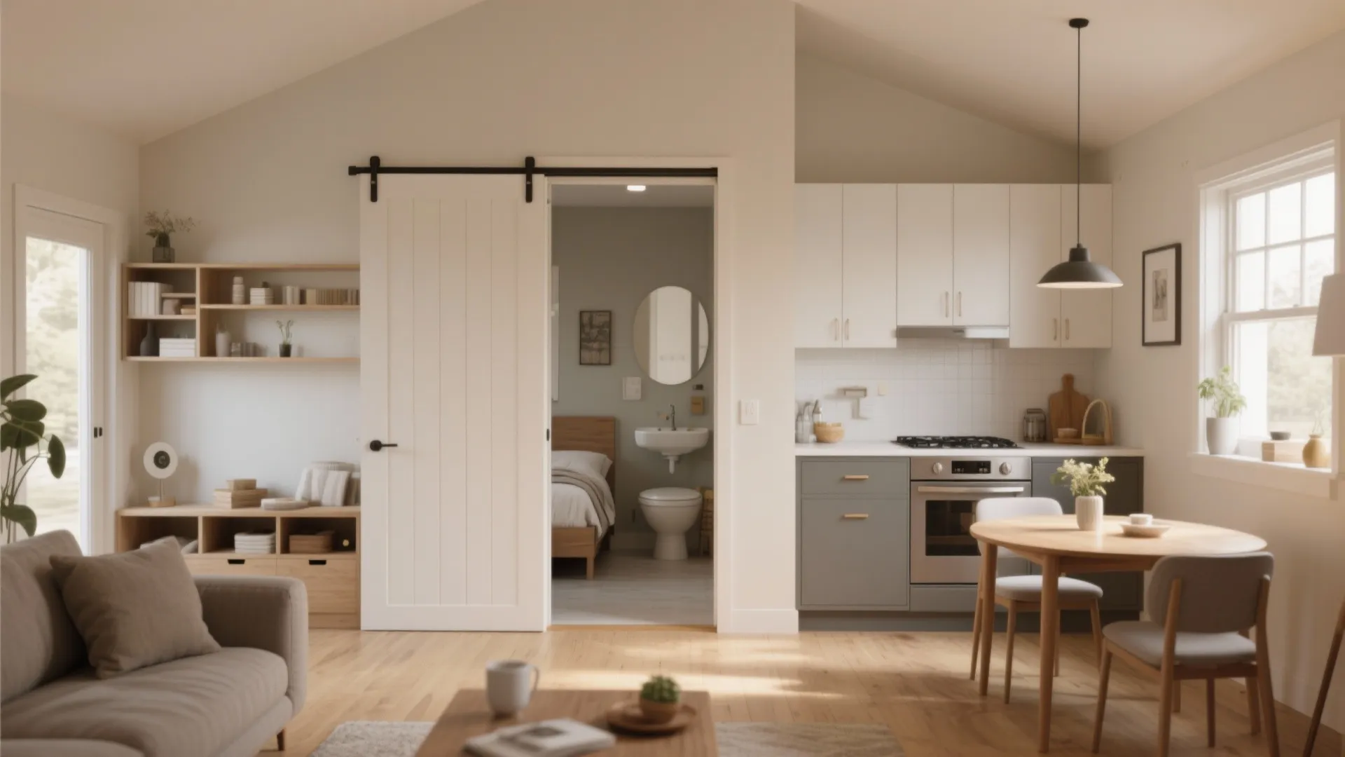 Open-plan living and kitchen with recessed pocket door and tidy storage in a small home