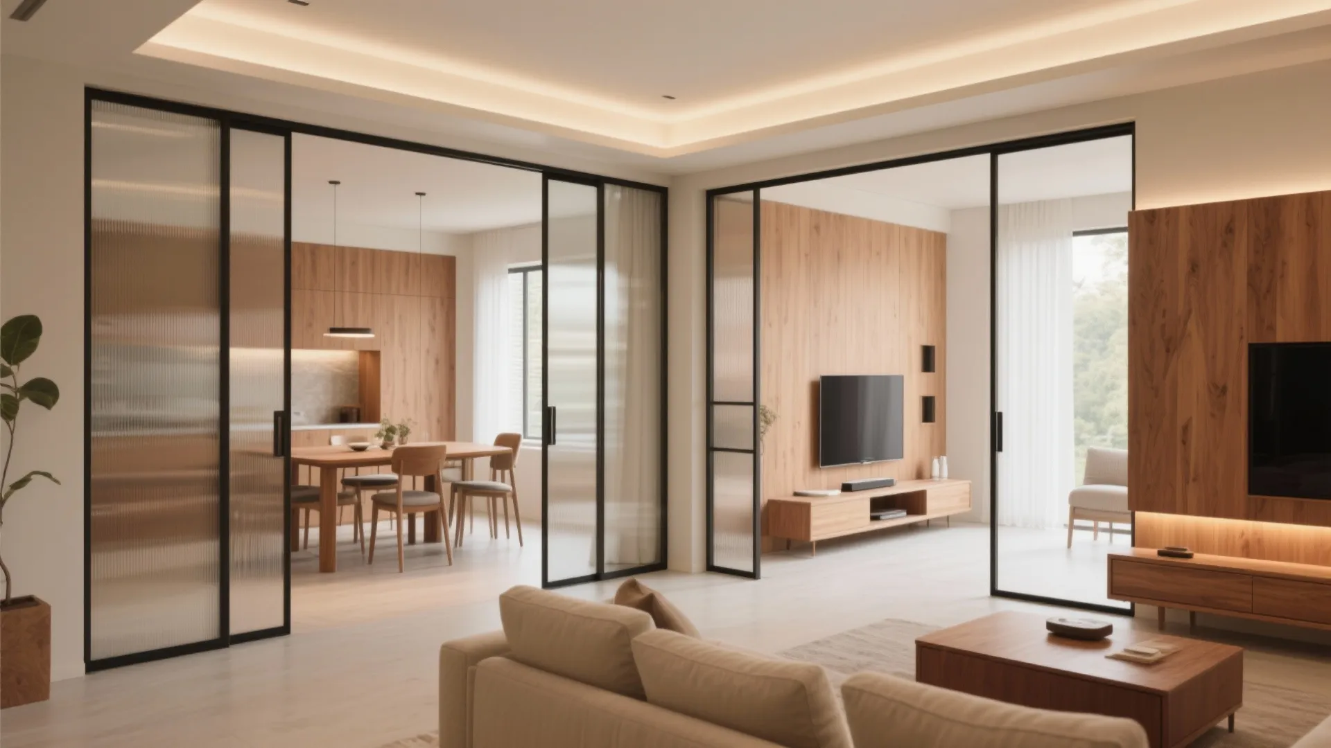 Modern living room with glass sliding doors wooden wall panel and a dining room view