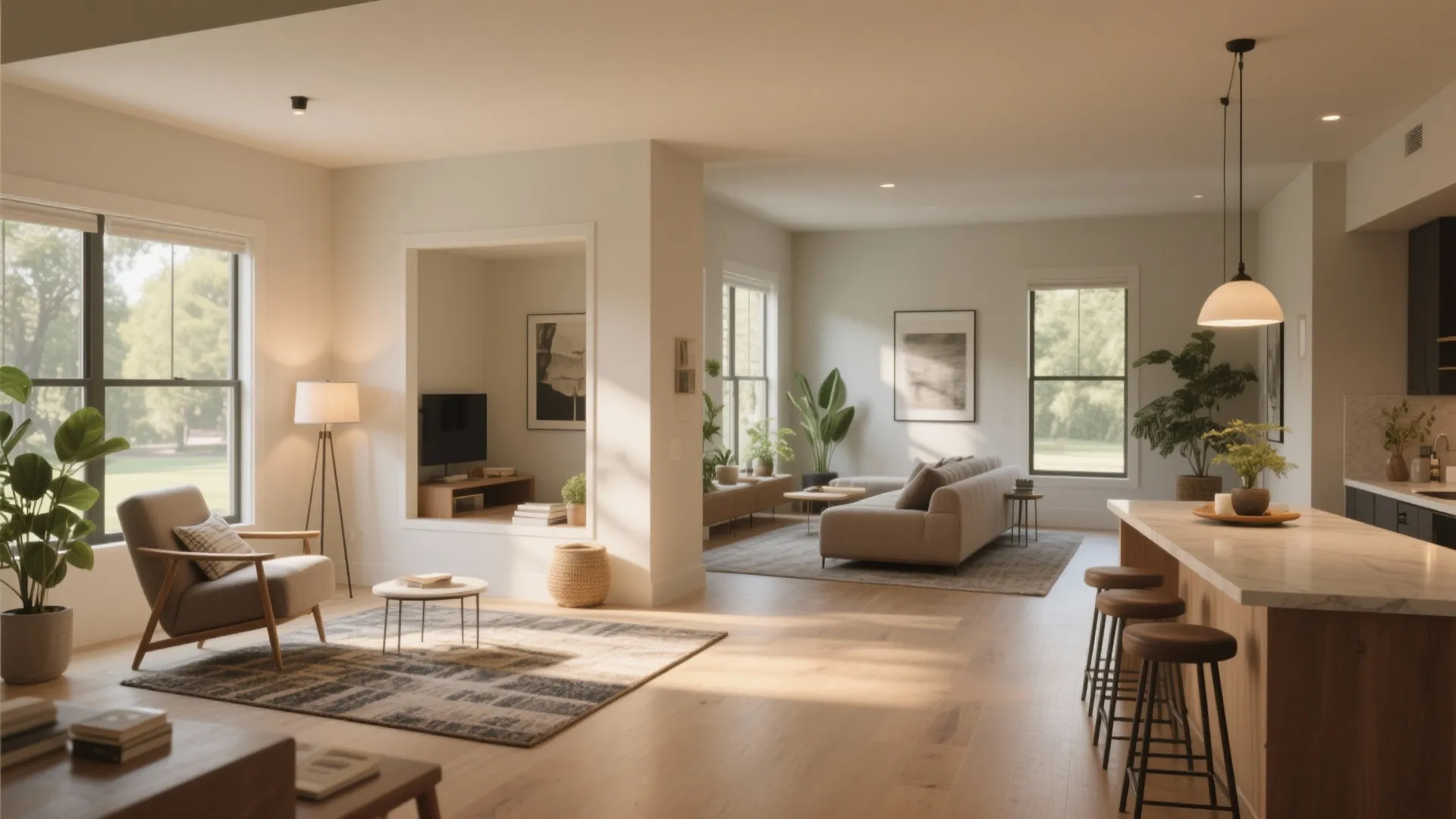 Open-plan living area with reading nook, media alcove, and compact dining zone defined by rugs and lighting.