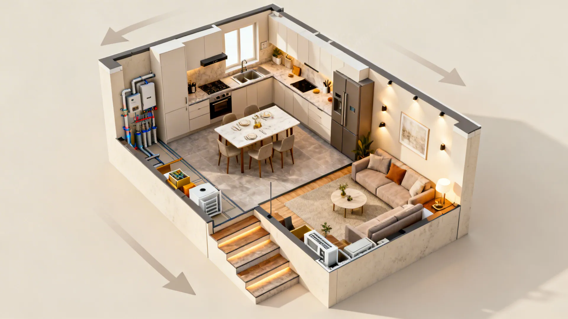 3D interior design drawing showing open kitchen dining and living area with visible wall pipes