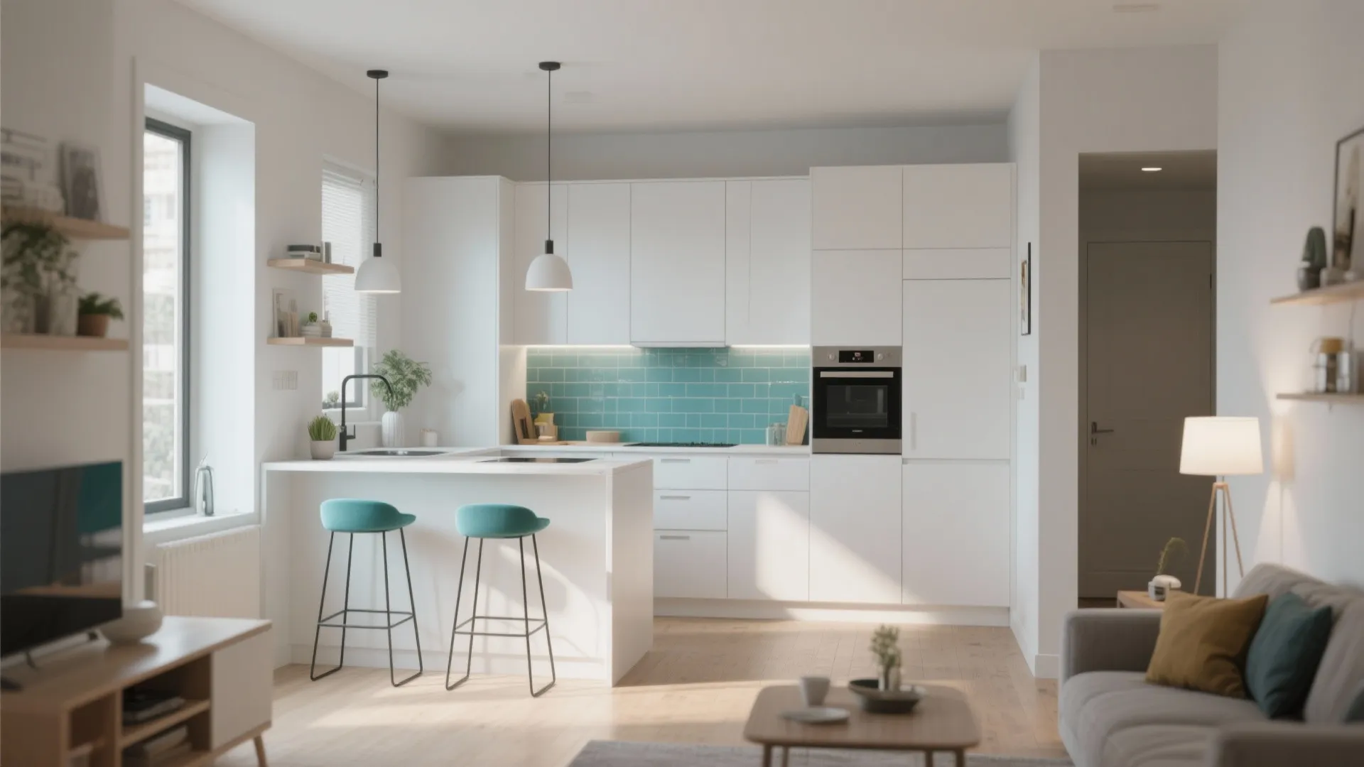 Modern white kitchen with blue tile wall stools and living room area in open space
