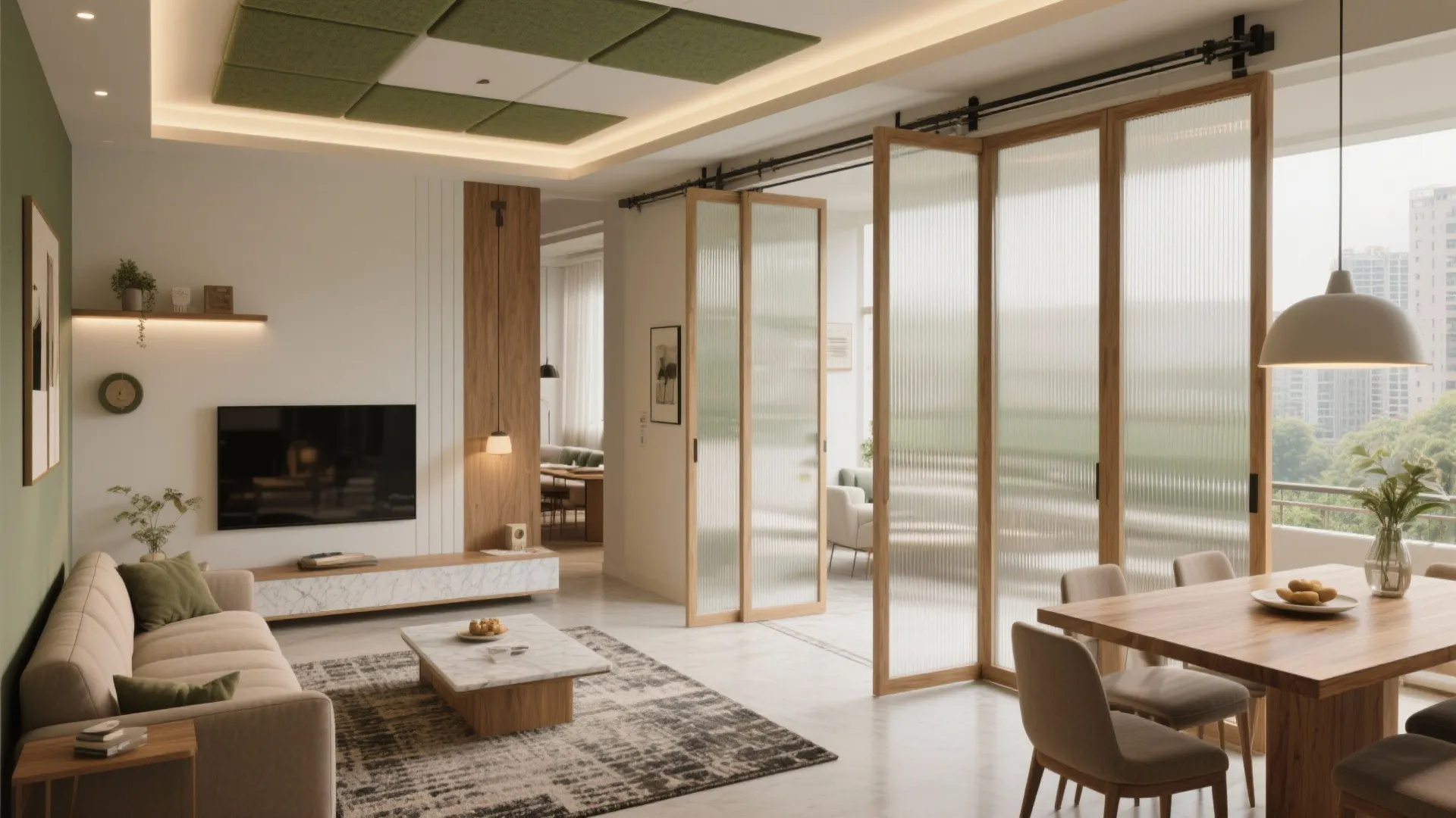 1) Open-plan living that flexes with sliding partitions