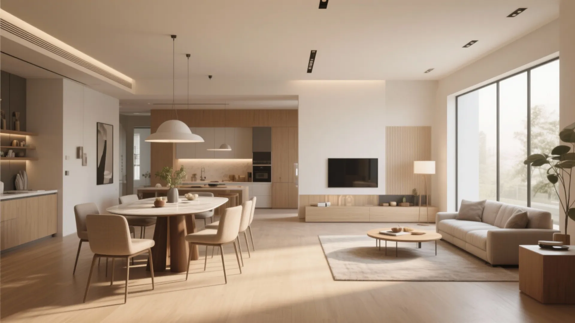 Modern open plan living room featuring wooden floors with dining table and white ceiling lights