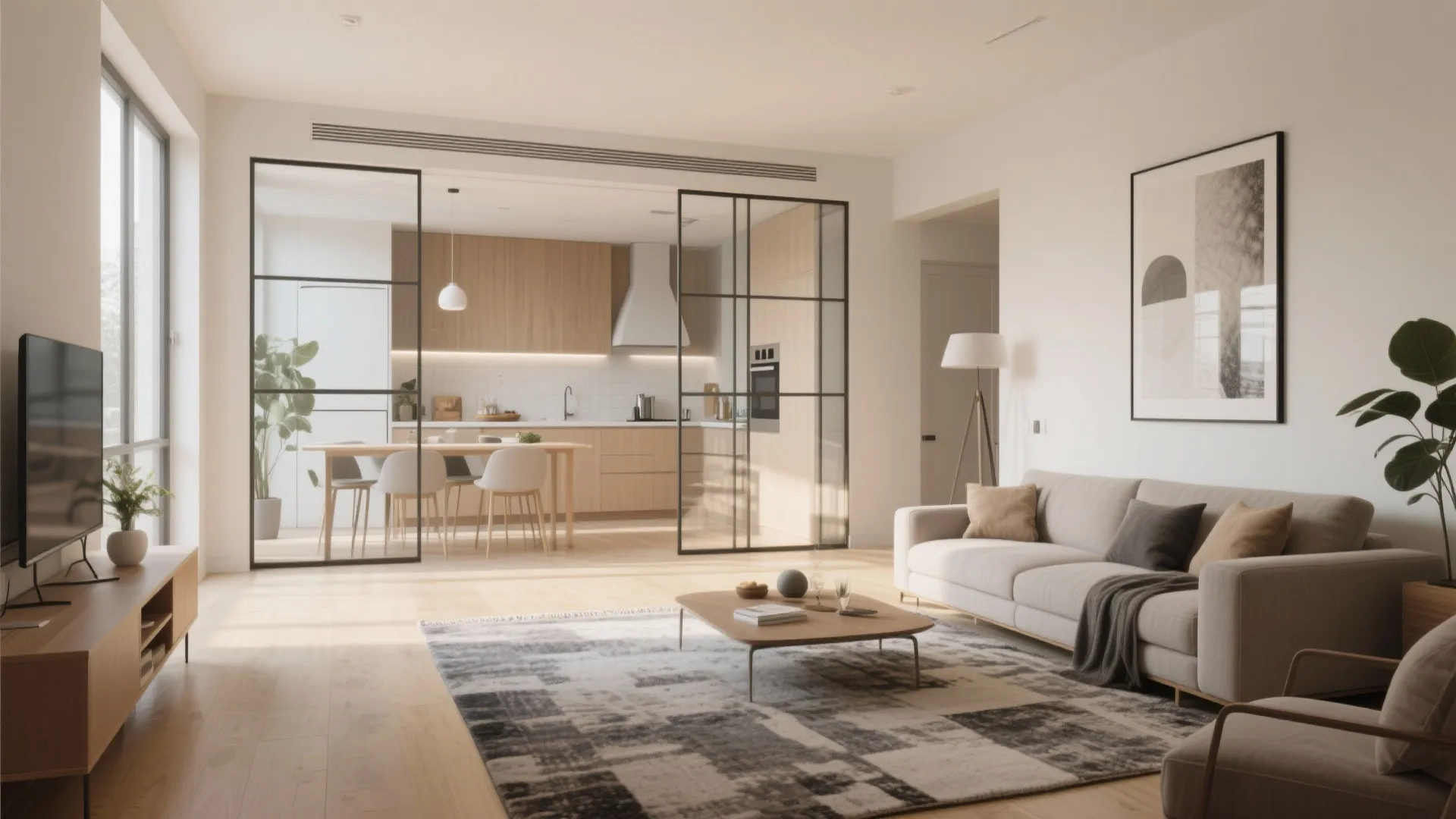 Minimalist living room with sliding glass doors leading to a wooden kitchen and dining area