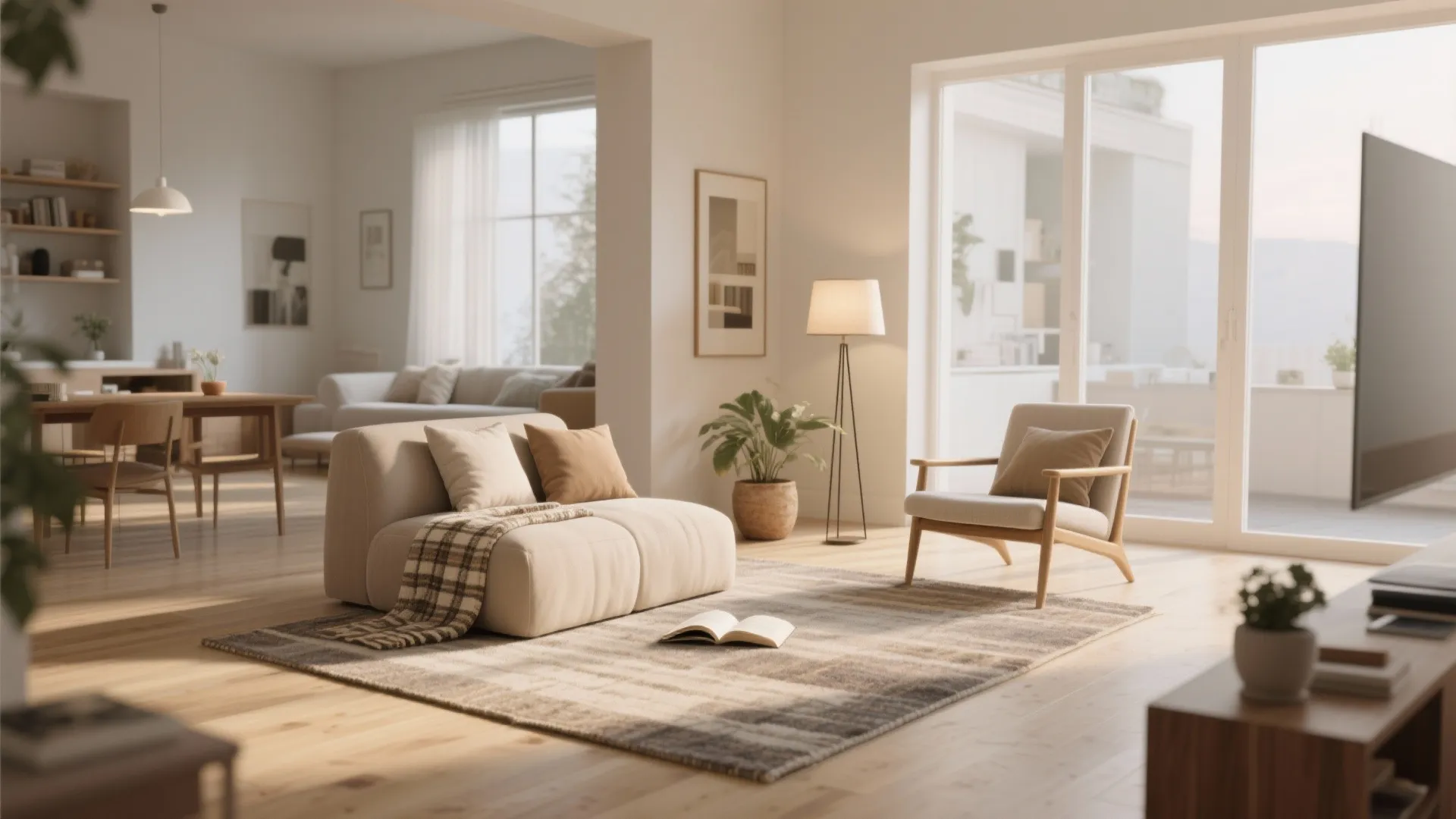 Open-plan living area with a small rug used to define a reading corner and repeated materials tying the space together.
