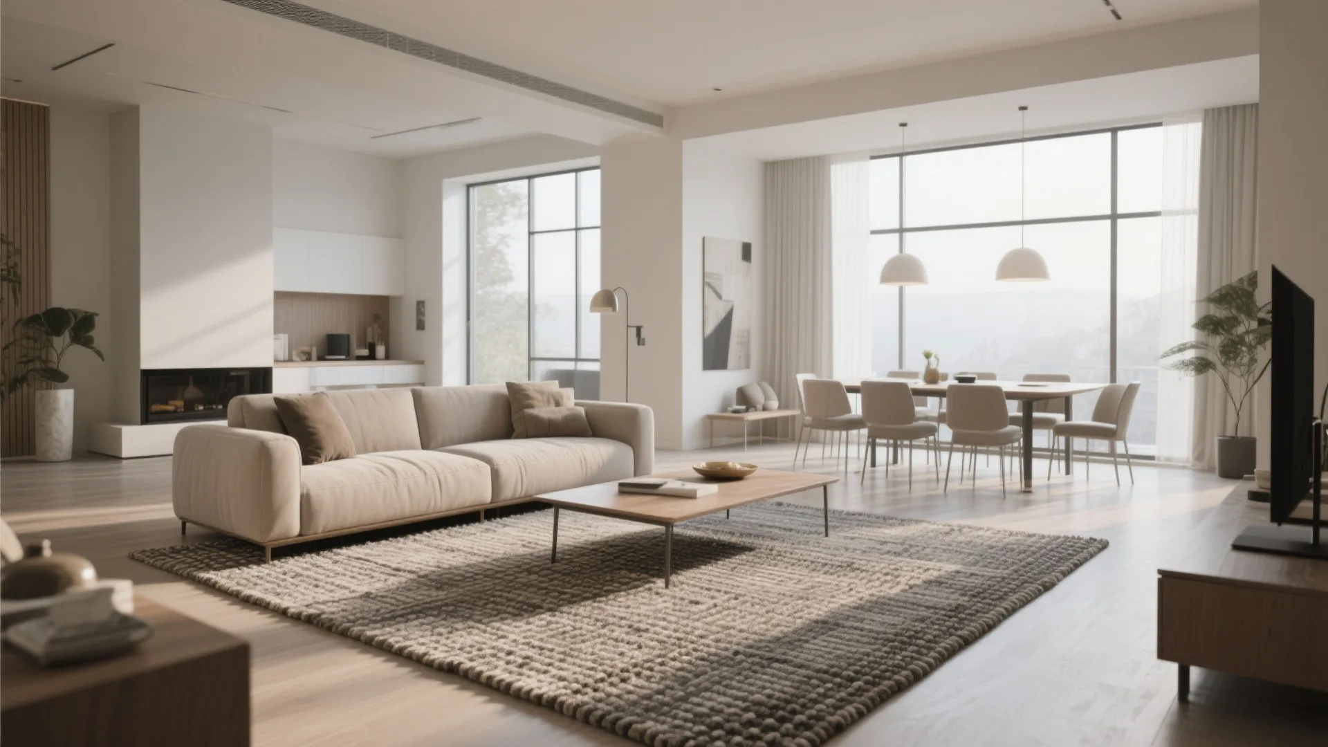 Spacious open plan living room featuring a large rug cream sofa and wooden dining table area