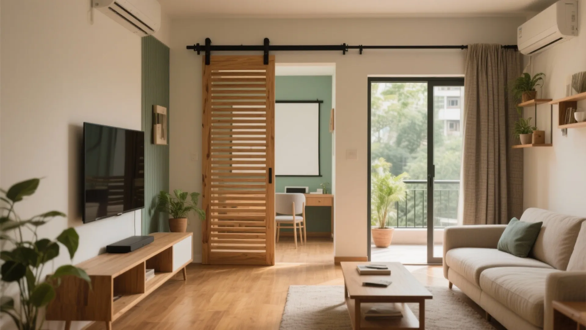 Open-plan living with sliding partitions