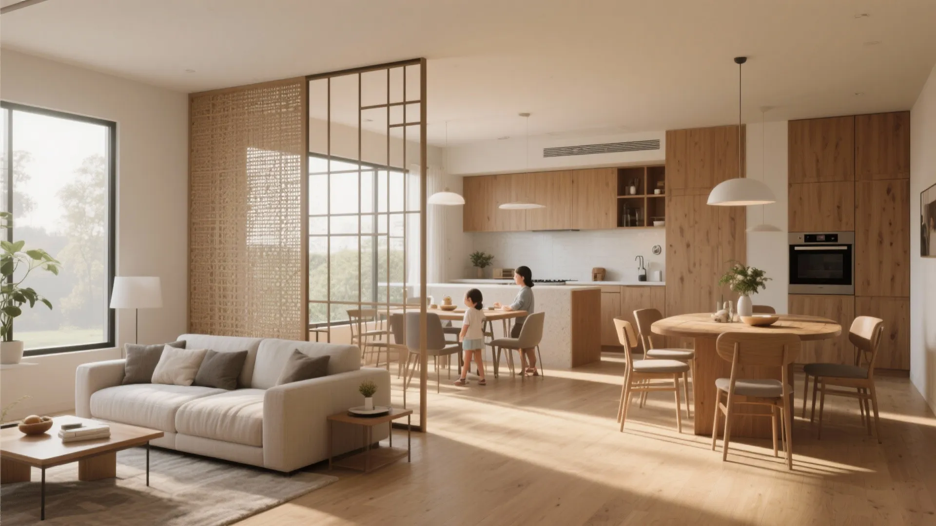 Open-plan living and kitchen with a partial screen to balance sightlines and hide clutter.