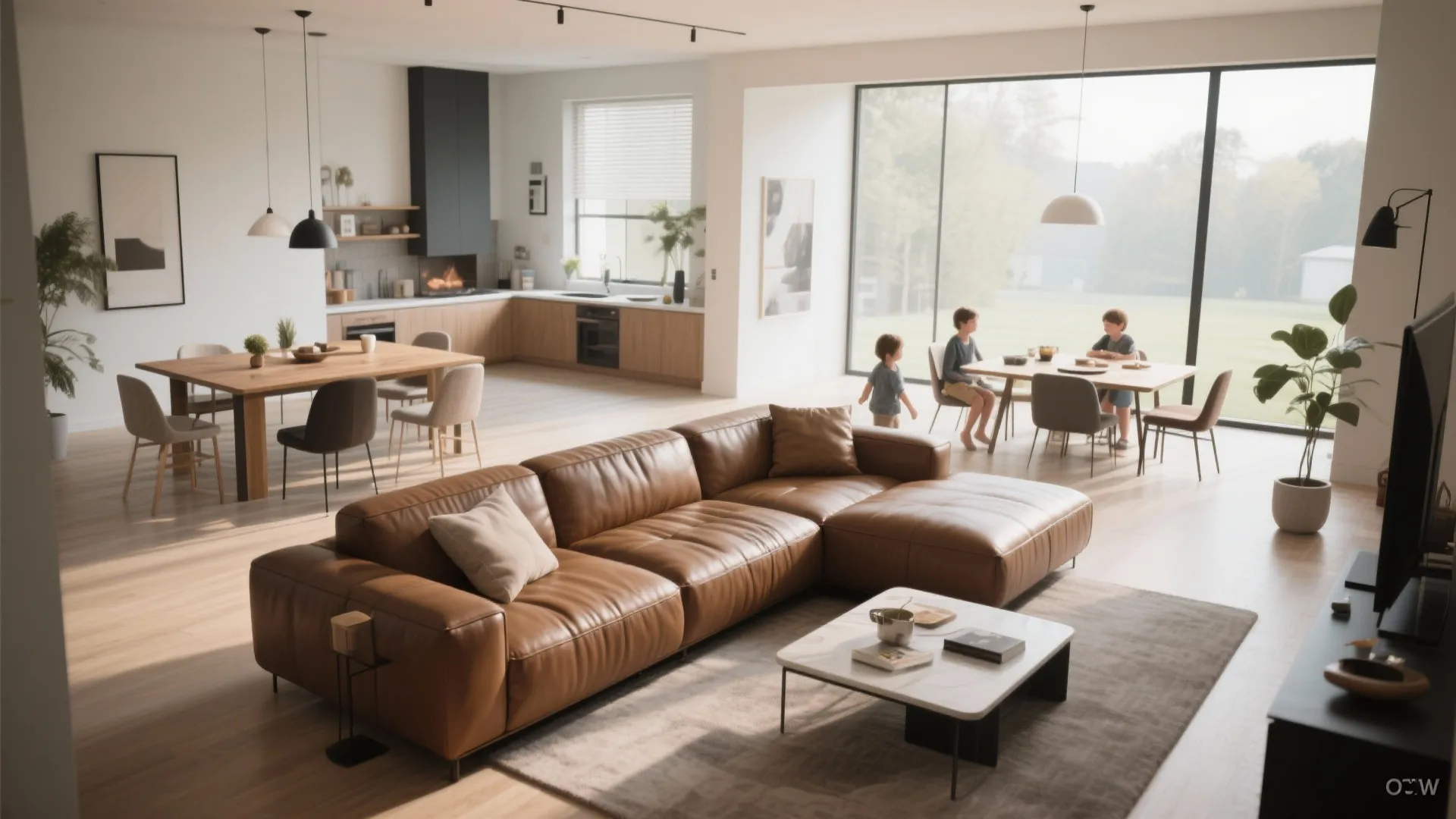 Open plan living space with brown leather sofa kitchen island dining table and large windows