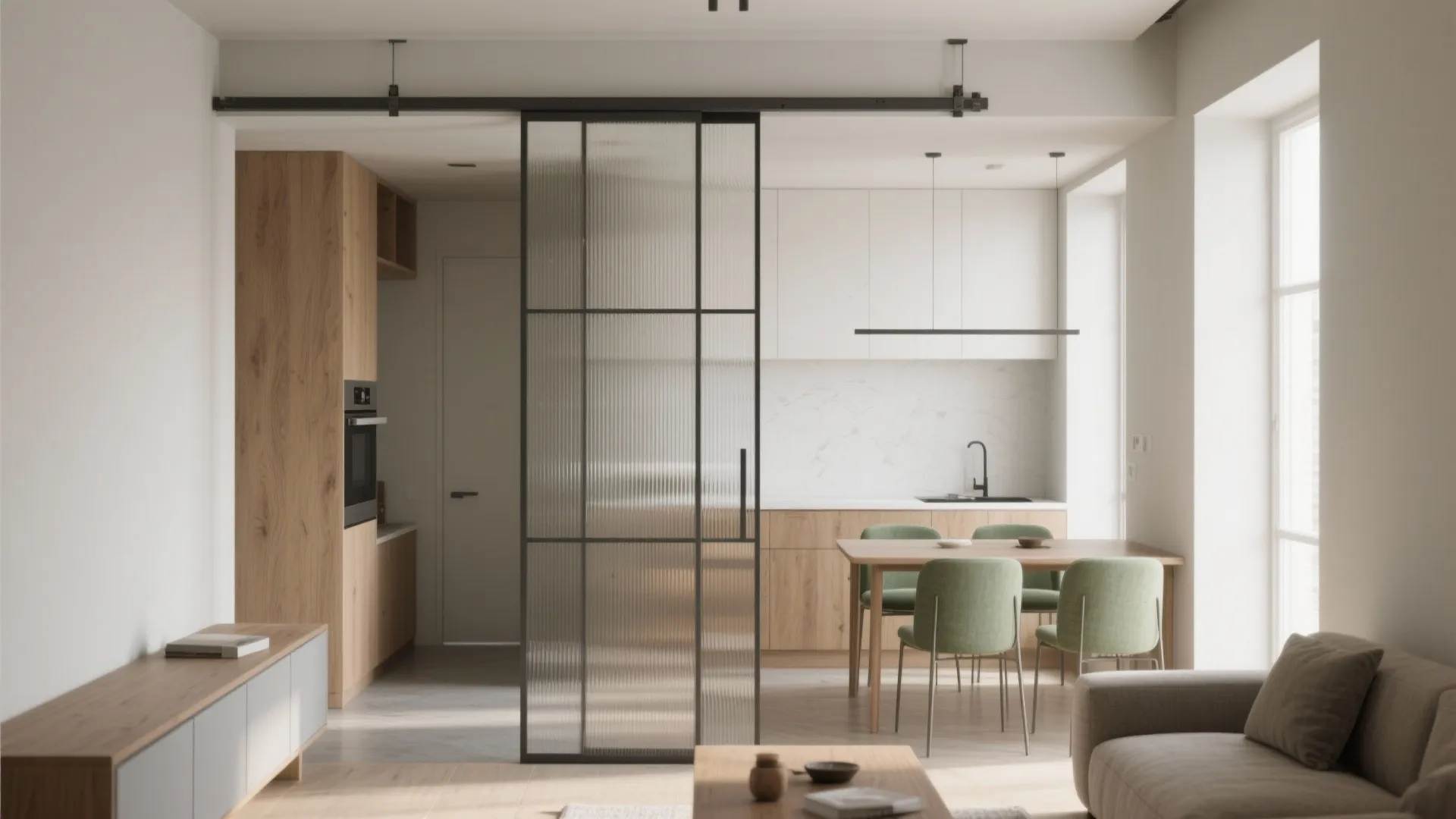 Flexible open-plan living with sliding partitions