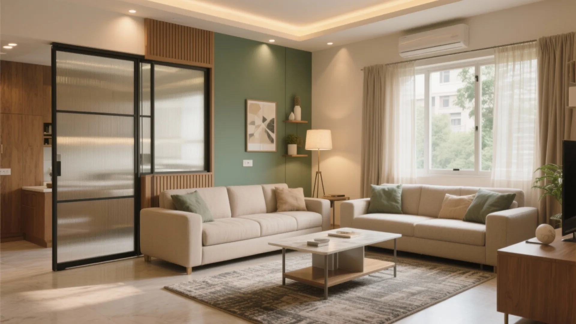 Open-plan living with sliding partitions