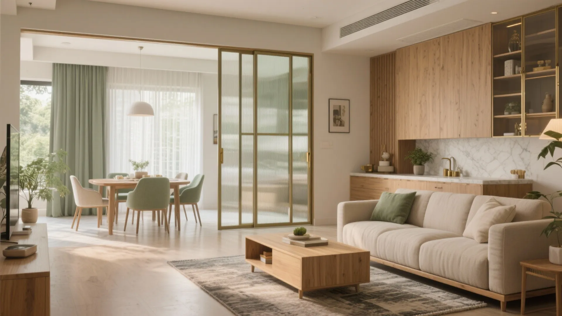 Open-plan living with sliding privacy