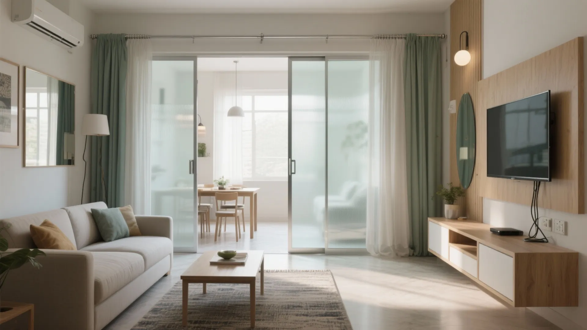 Open-plan living–dining with sliding partitions