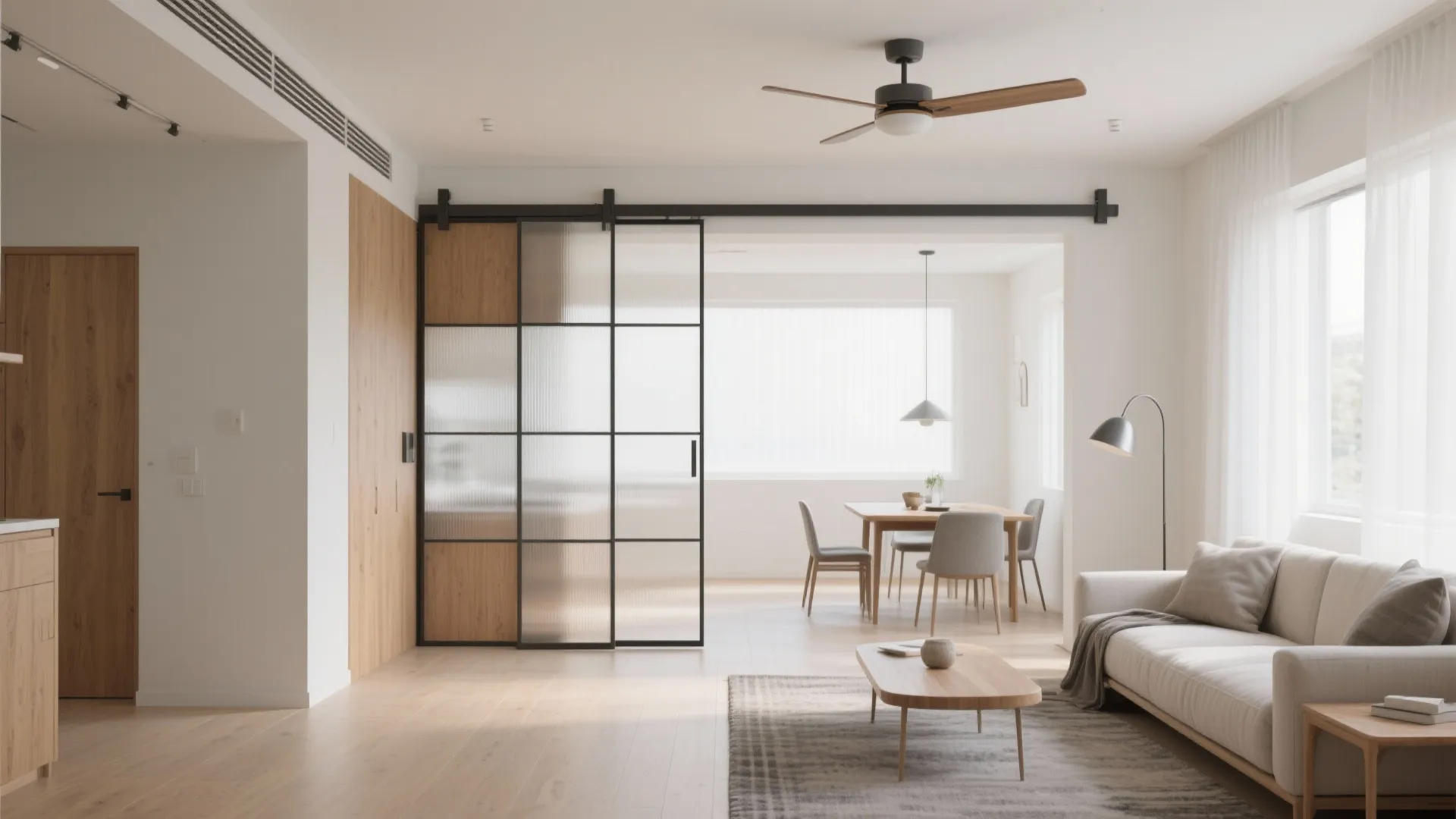 Flexible open-plan living with sliding partitions