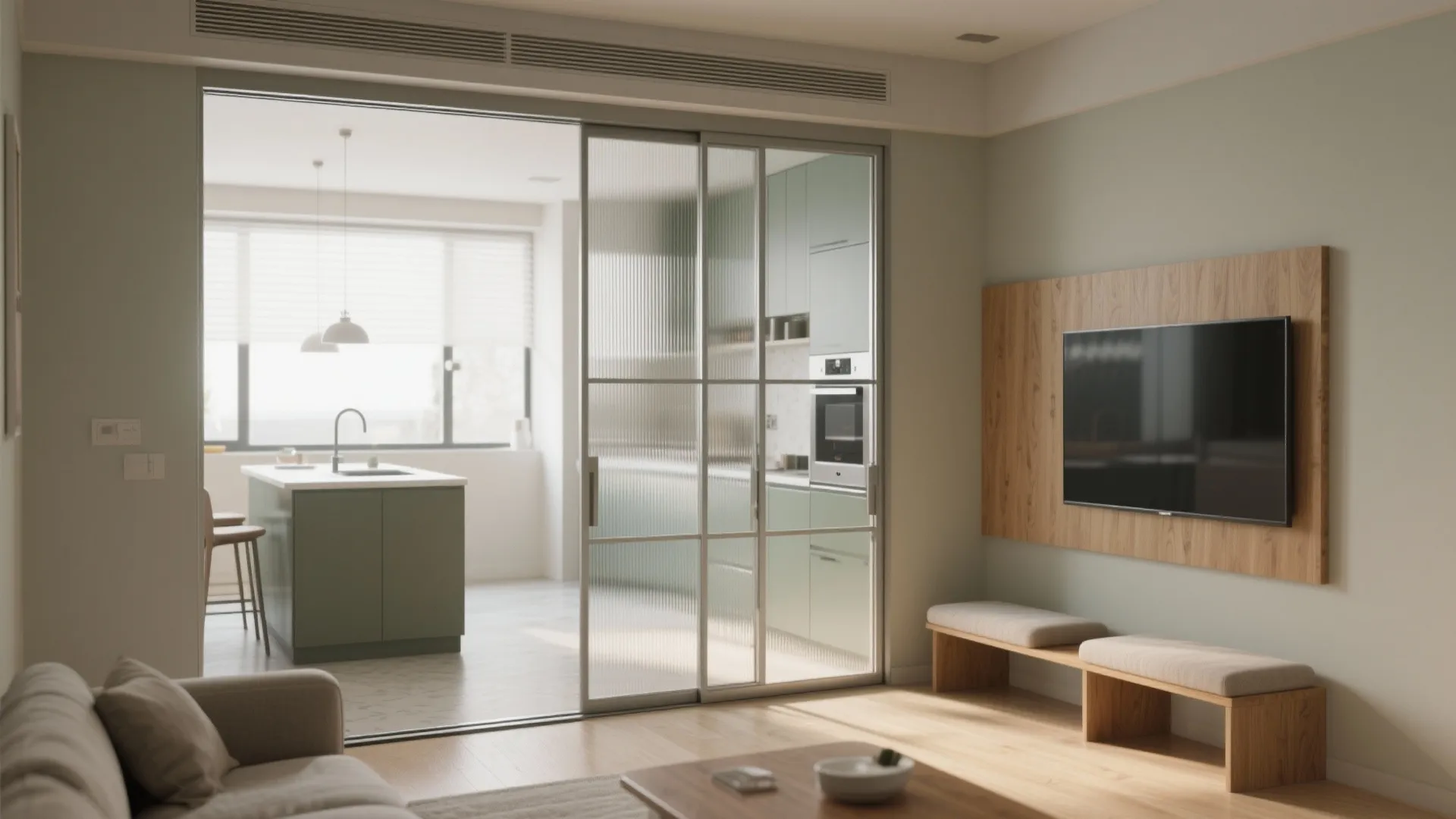 Bright living room with glass sliding door leading to a kitchen area and wall mounted television
