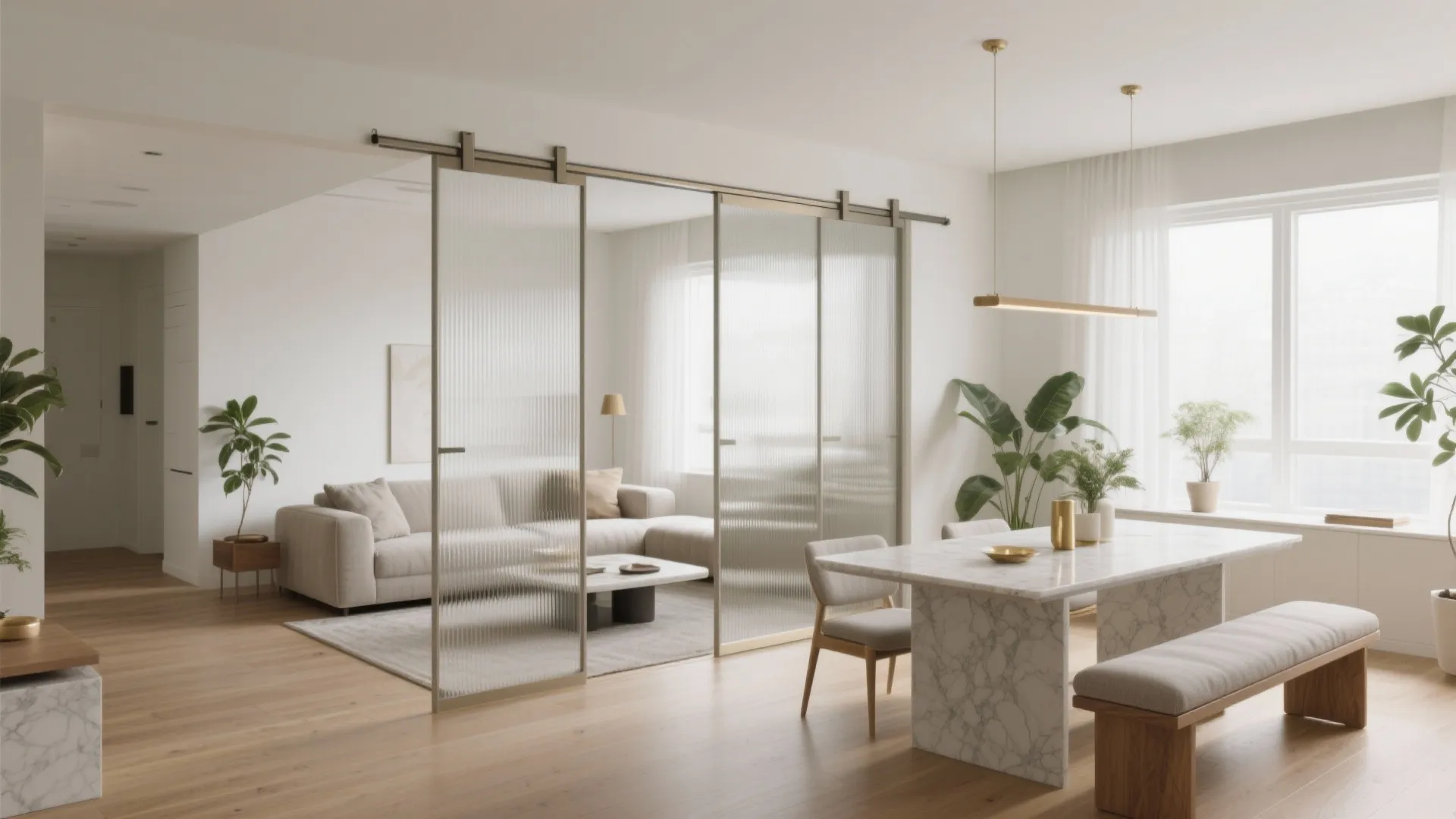 1) Sliding partitions for an open-plan living-dining