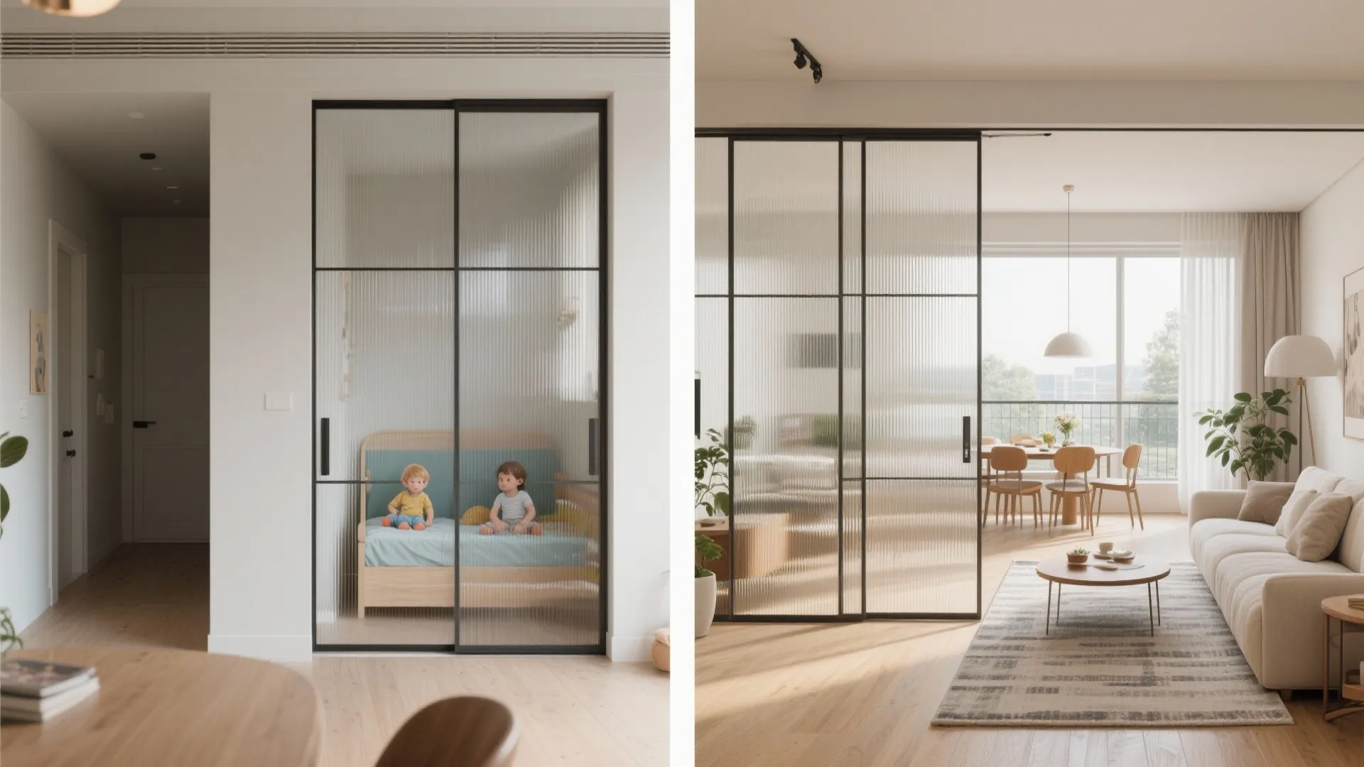 Open-plan living with sliding partitions