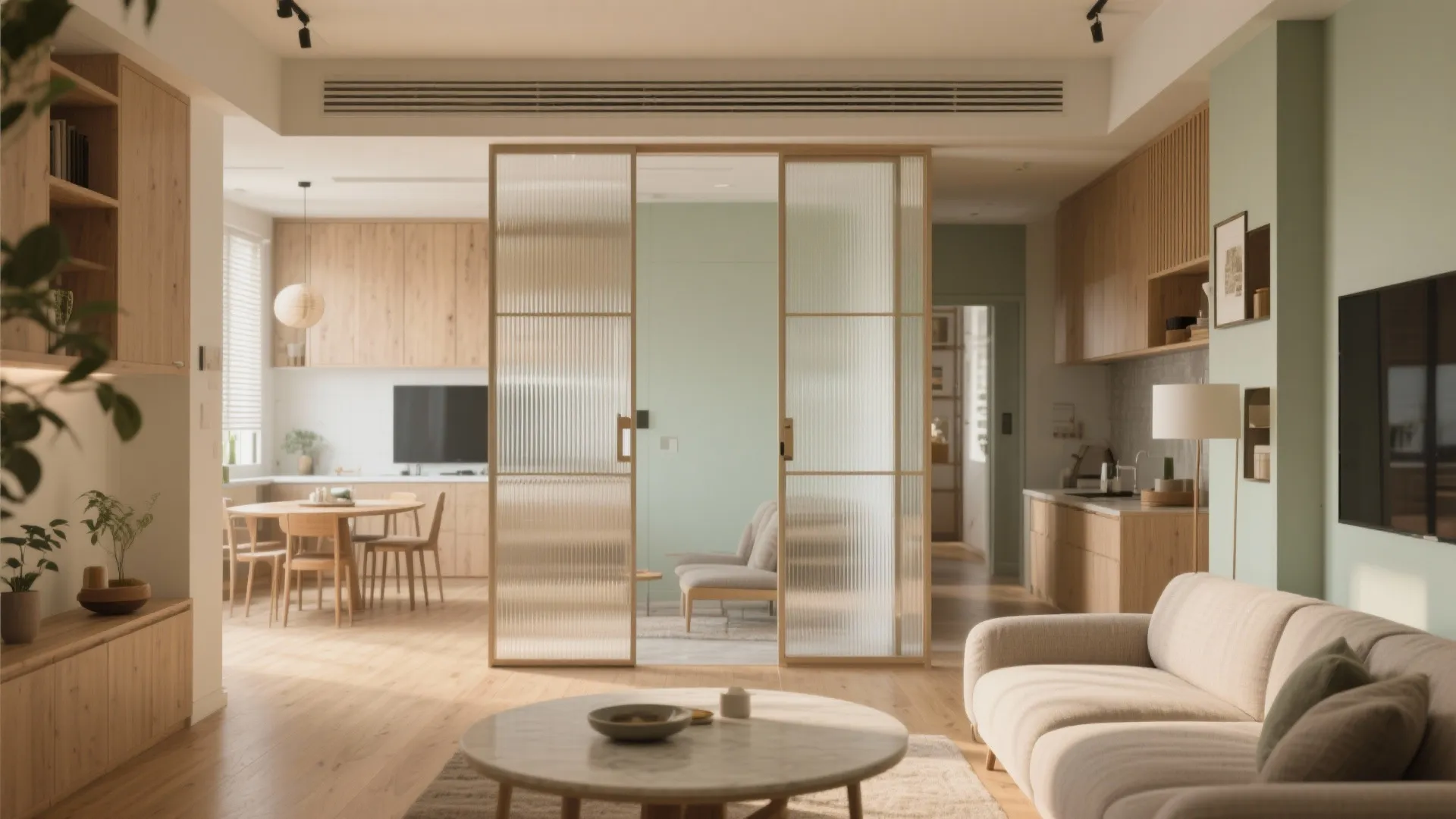 Open-plan living with sliding partitions