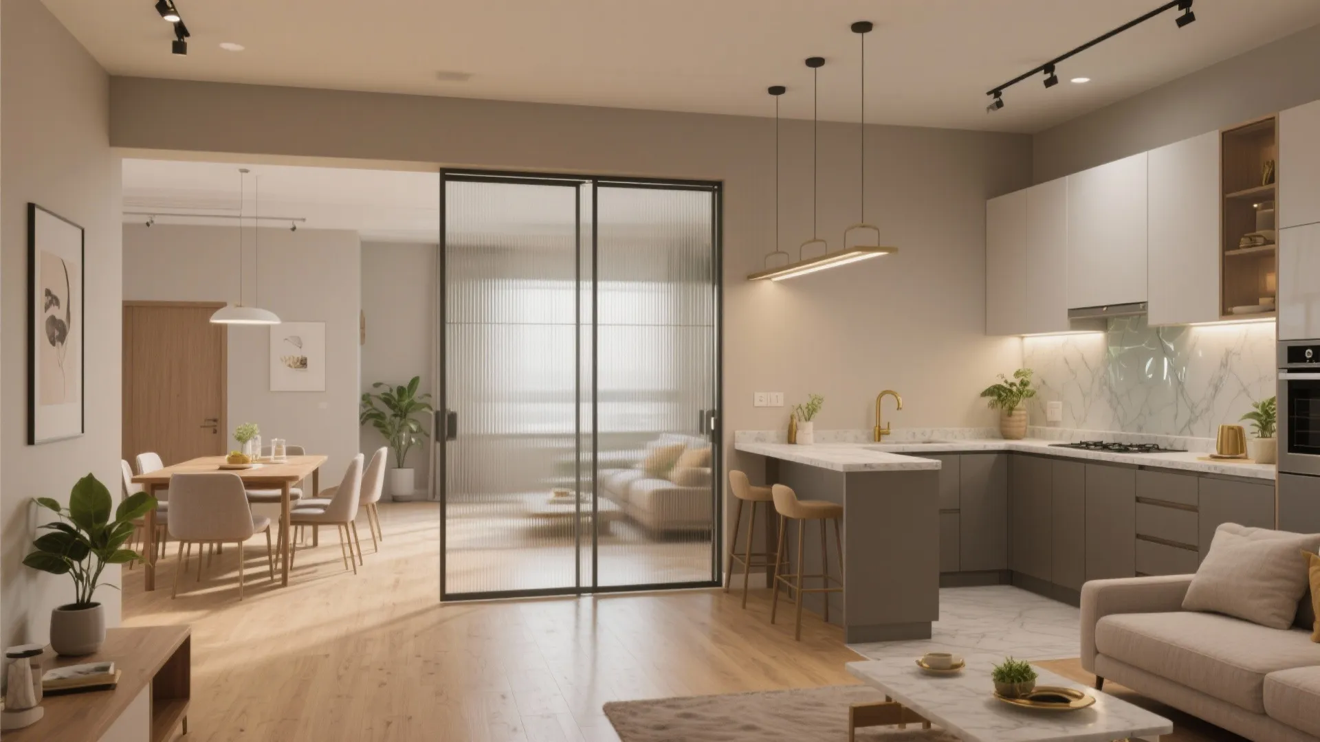 Open-plan living with sliding partitions