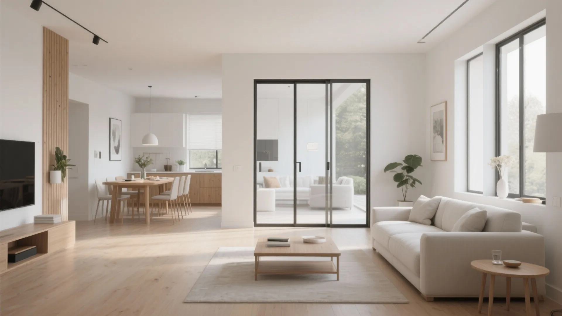 Open plan living space with white sofa wooden dining table and large glass sliding doors