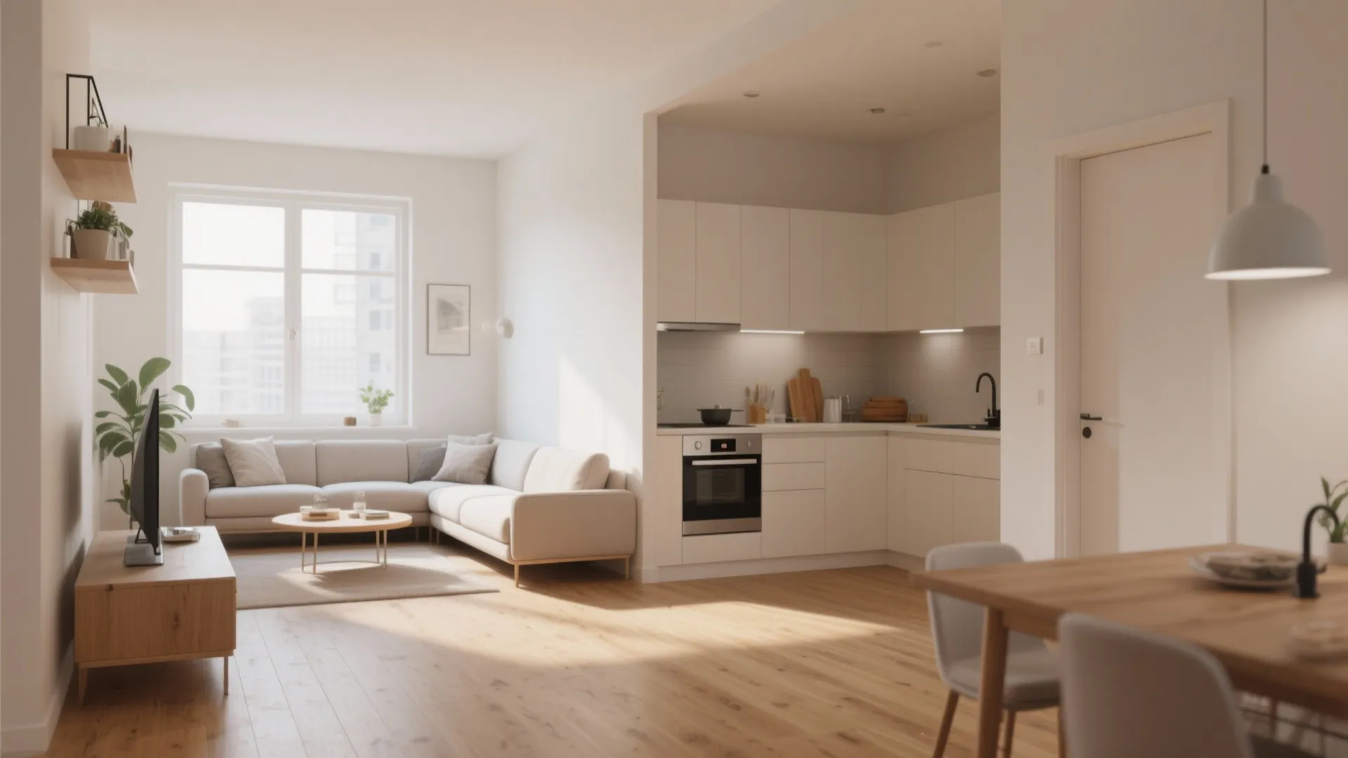 Modern white open kitchen and living room with grey sofa wooden floors and natural light