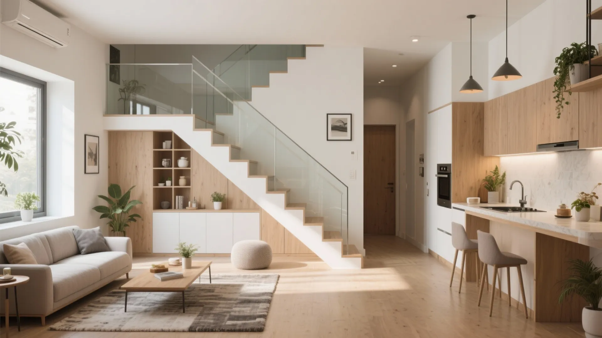 Open plan living room and kitchen area with glass stairs wood cabinets and grey sofa