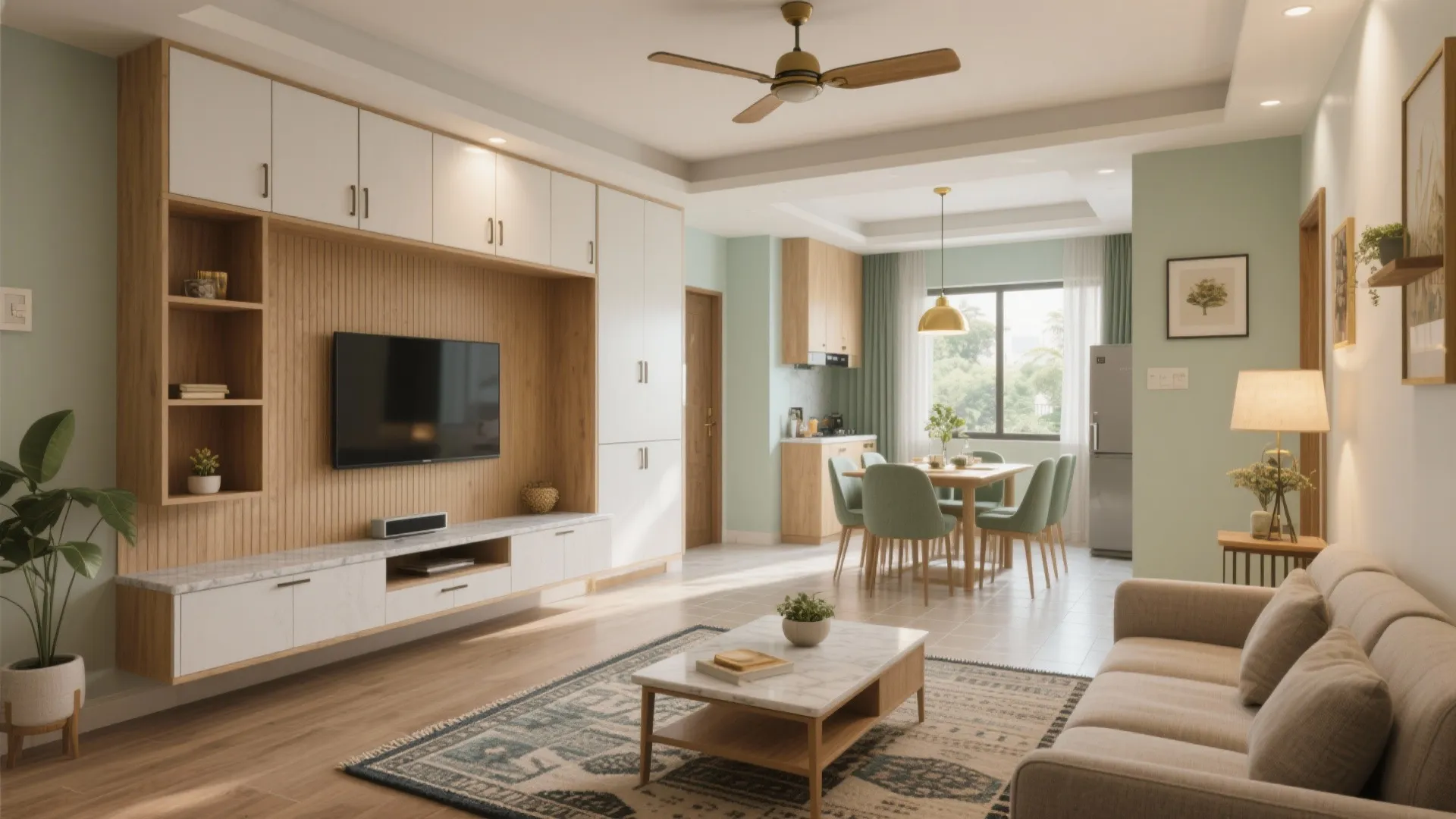 Open-plan living–dining with a storage wall