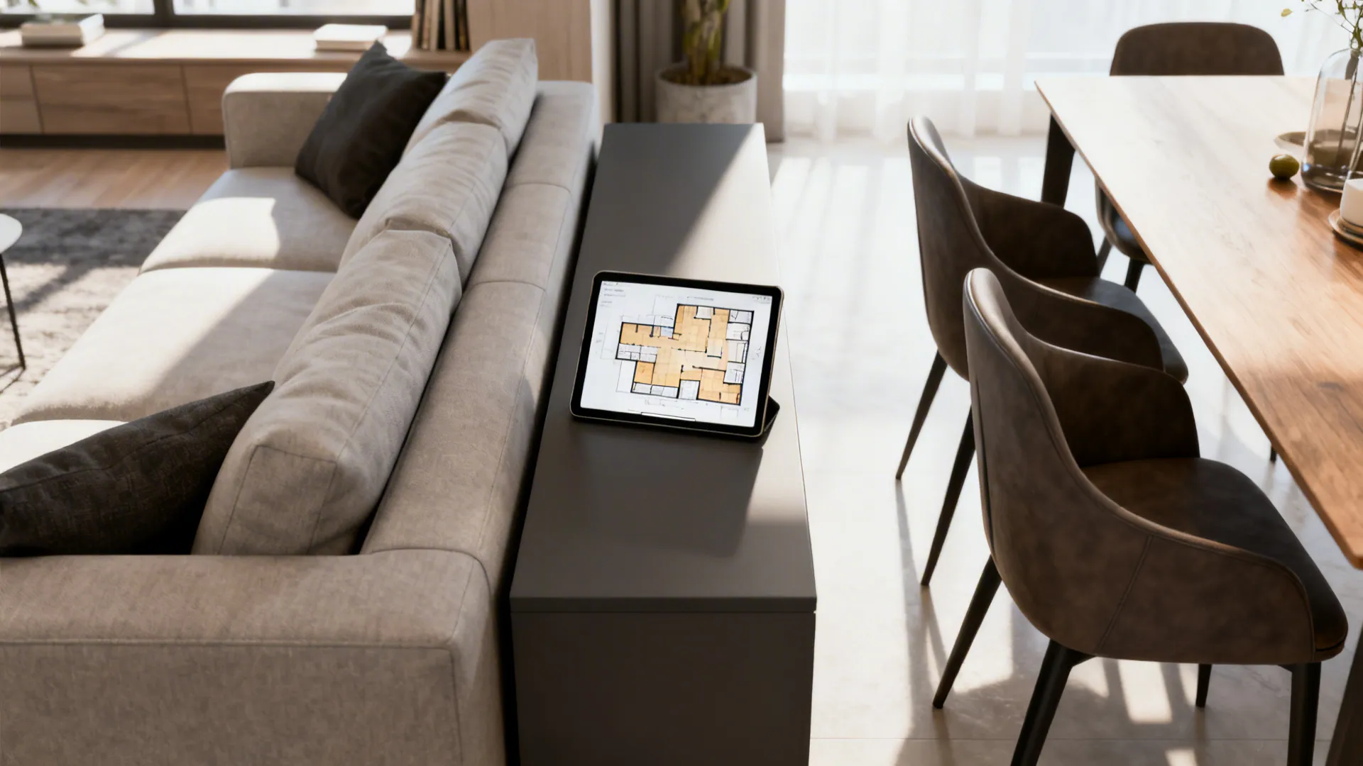 Open-plan living and dining area with a narrow rectangular end table defining zones and a tablet showing a 3D planner