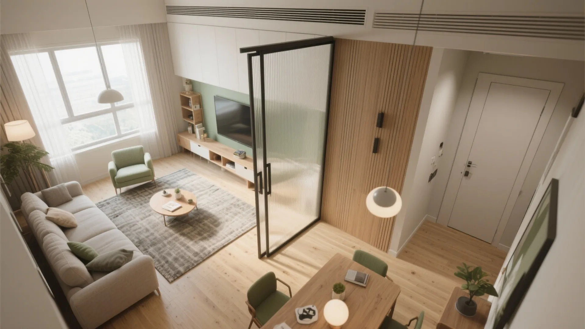 Open-plan living with sliding partitions