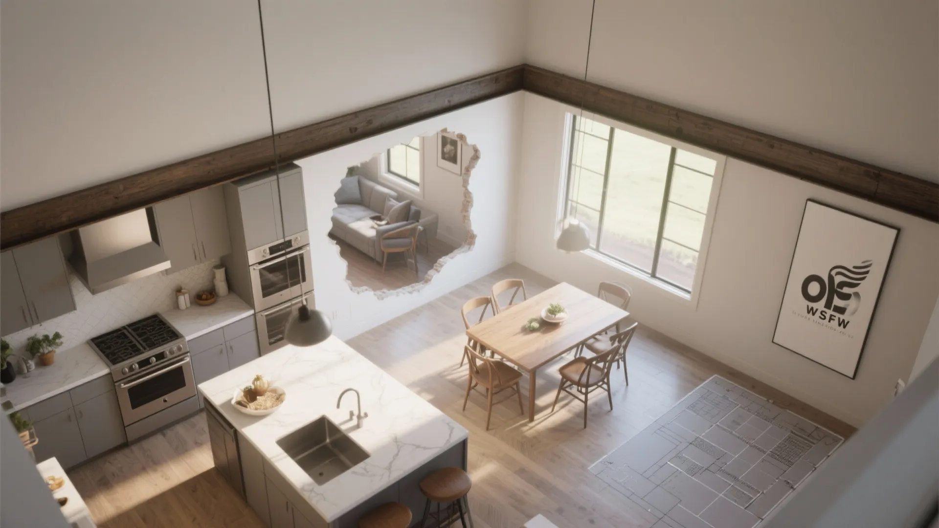 Open plan kitchen and dining area with grey cabinets island table and a wall opening