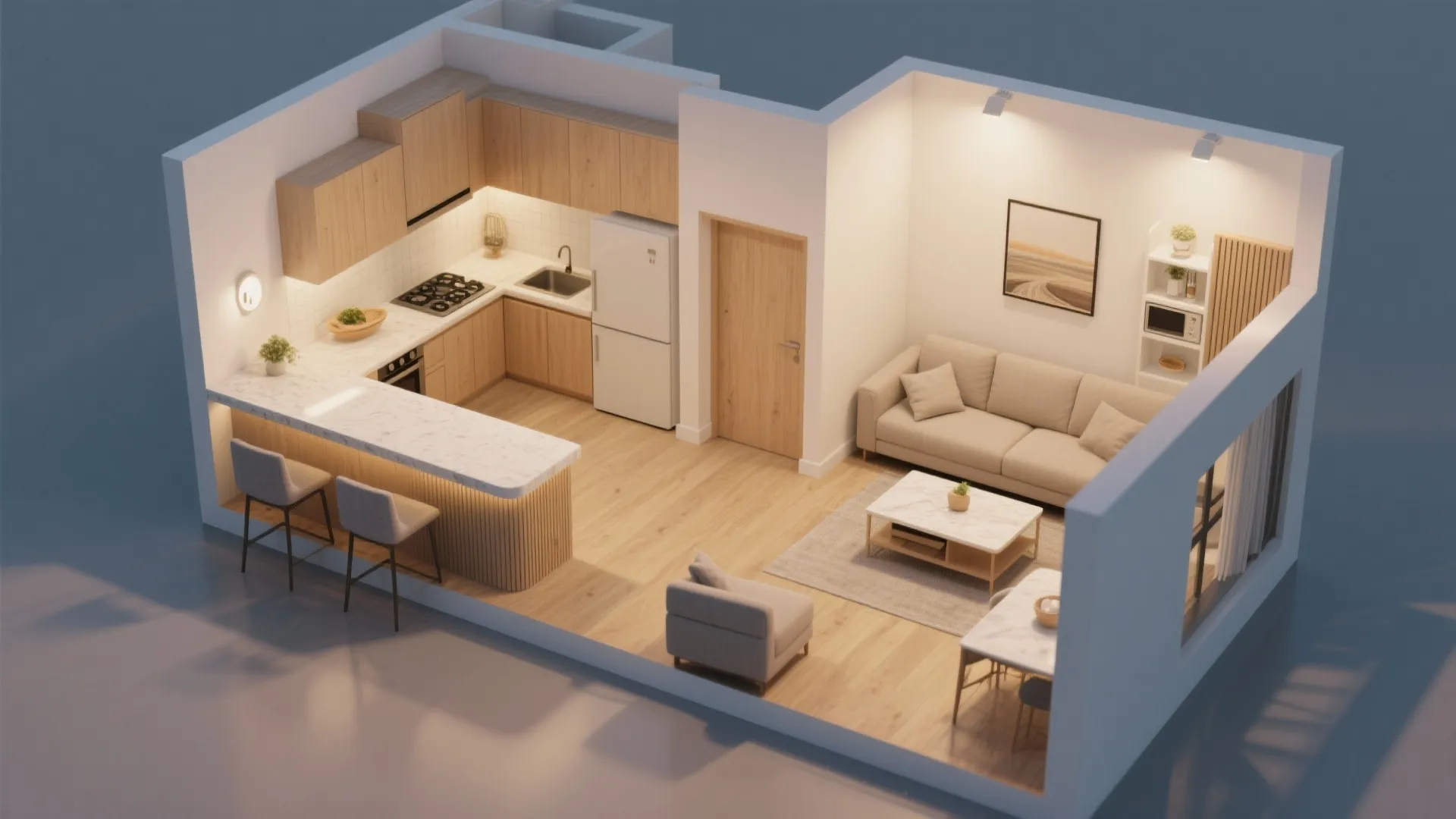 Open-plan living with a defined kitchen edge