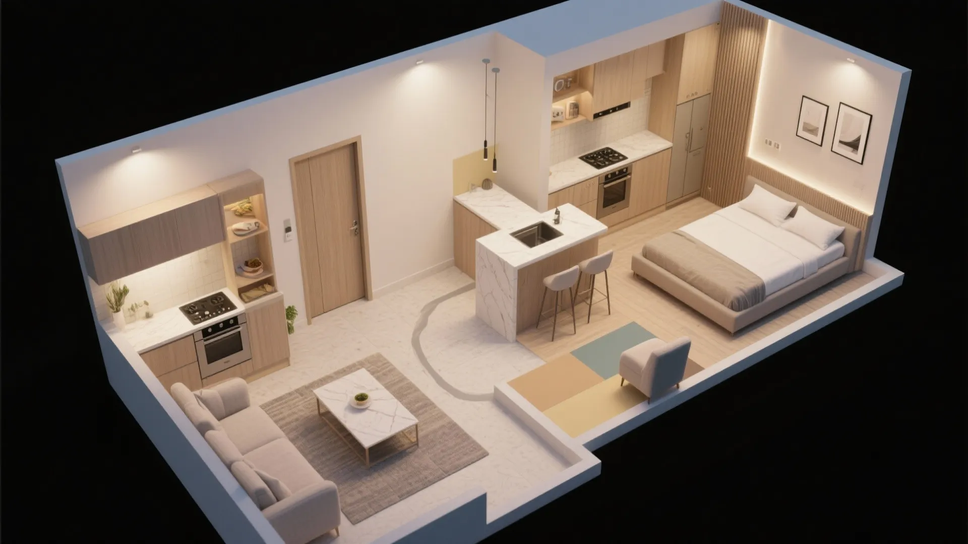 Open-plan living with a kitchen island