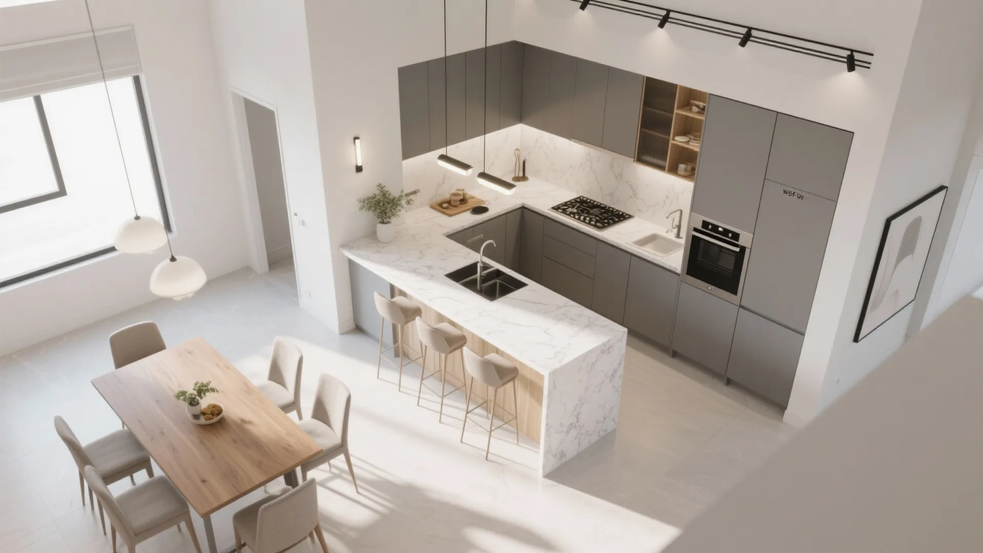 Interior design drawing of open plan kitchen and dining room with grey cabinets and table