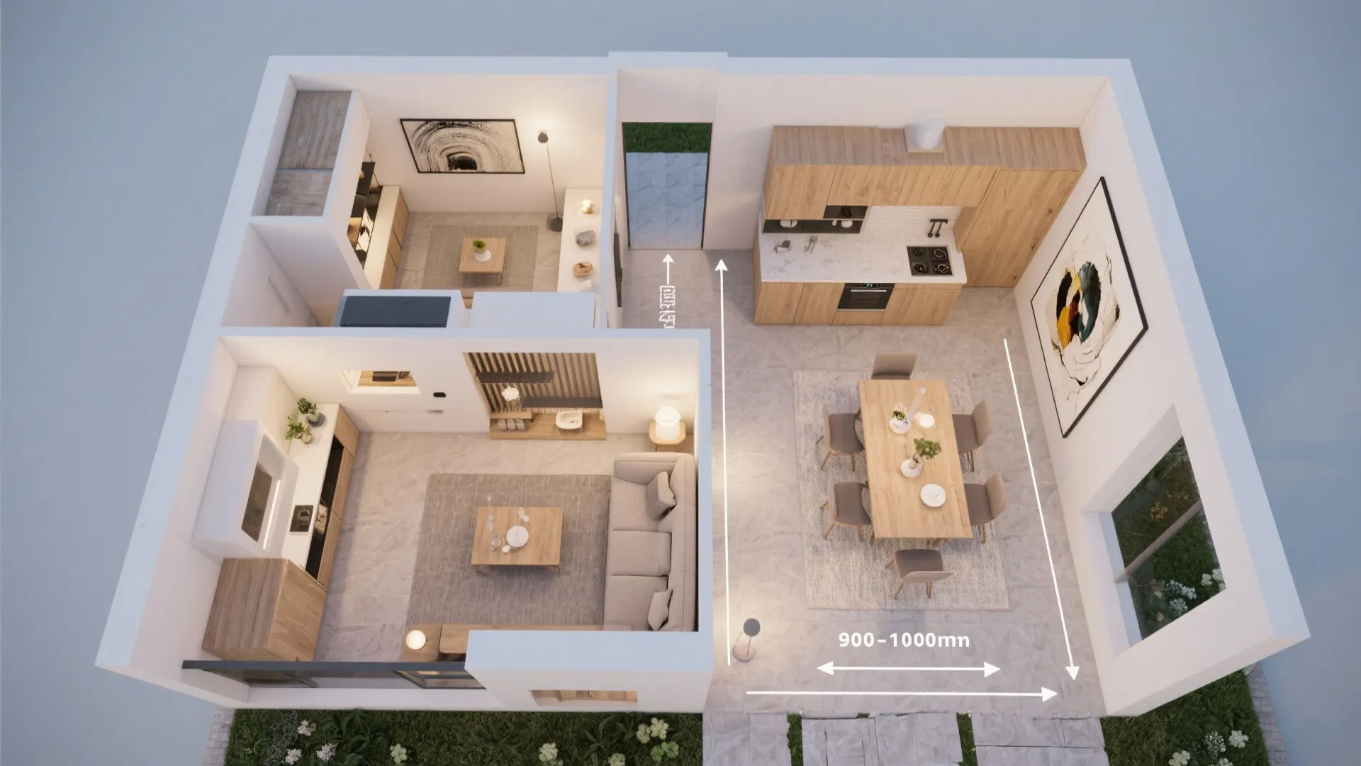 Gallery-like open plan with sightline layering