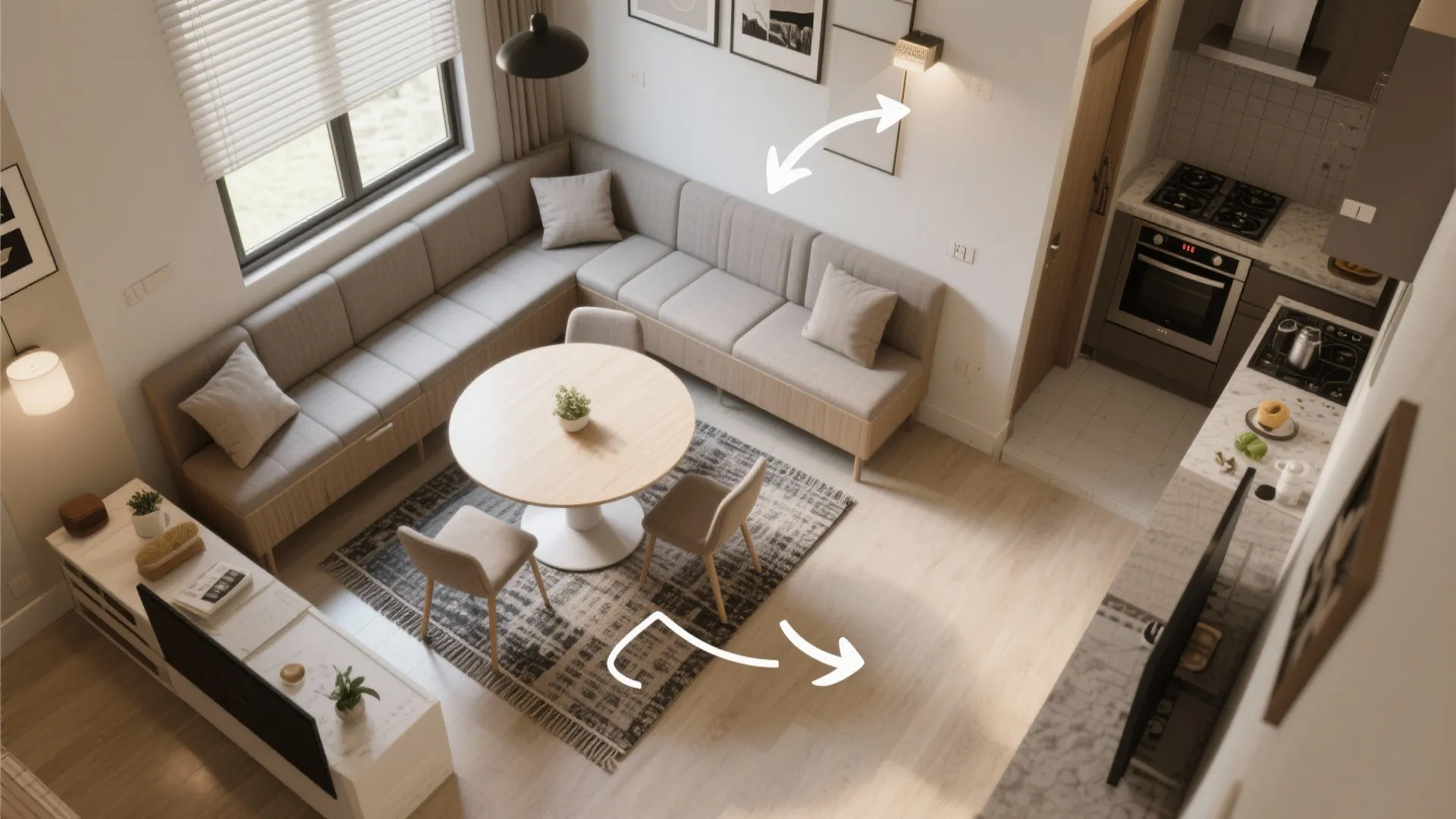 Top down view of interior design drawing showing kitchen dining table and grey corner sofa