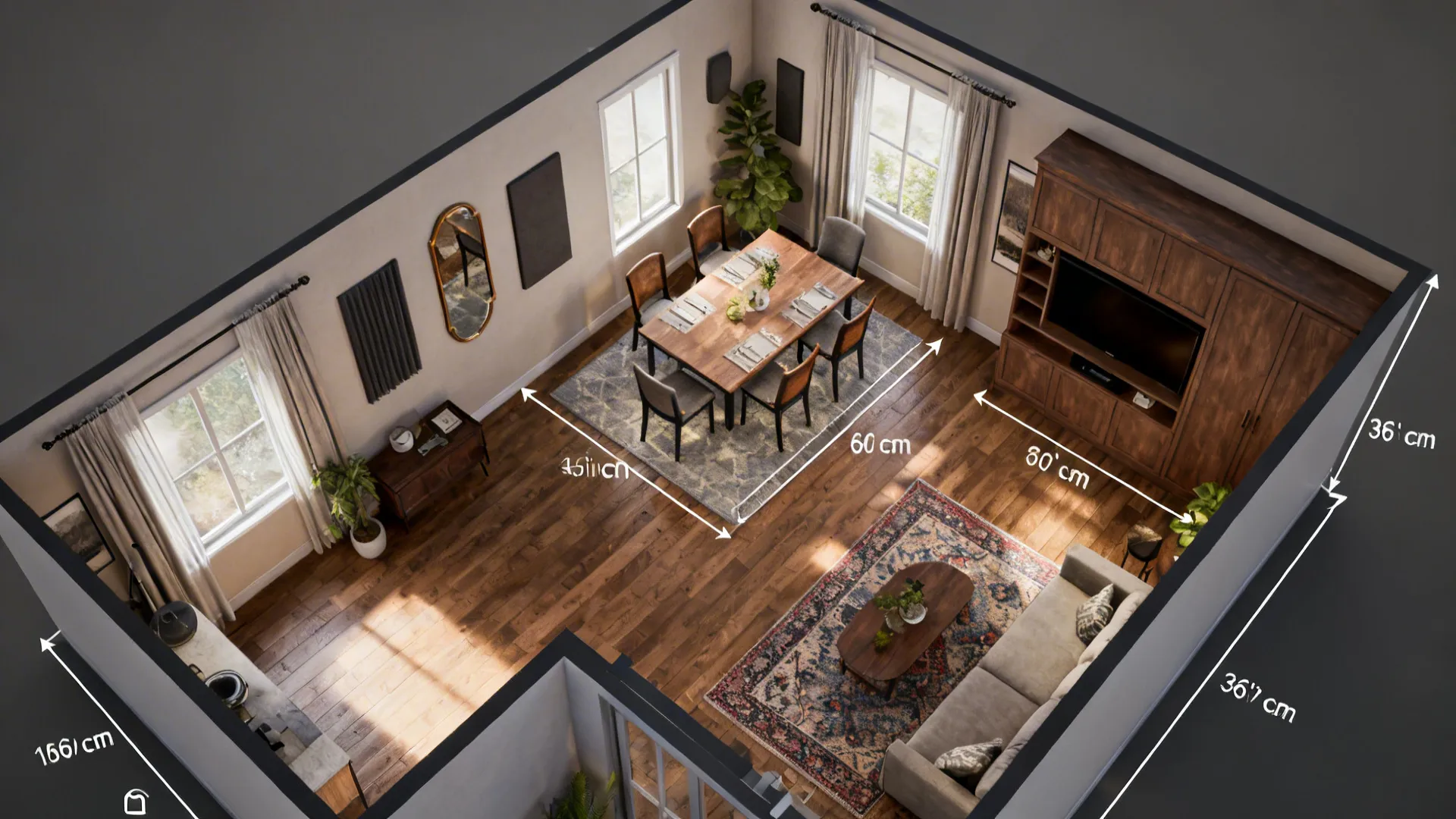 Top-down floor plan of an open-plan living and dining area showing circulation, rugs, and furniture layout.