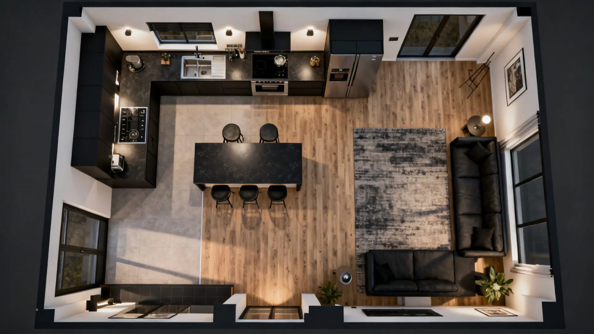 Top-down view showing aisle widths, peninsula seating, and clear circulation in an open-plan layout.