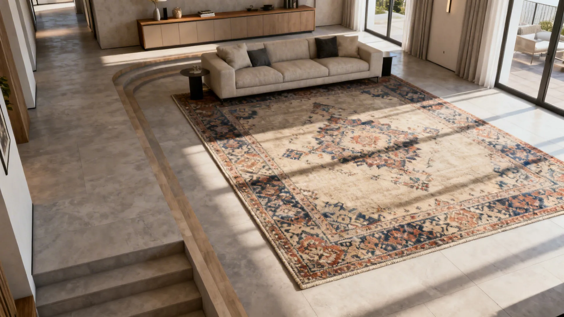 Open-plan living area with a 6 x 9 rug defining the seating zone and clear traffic flow around it.